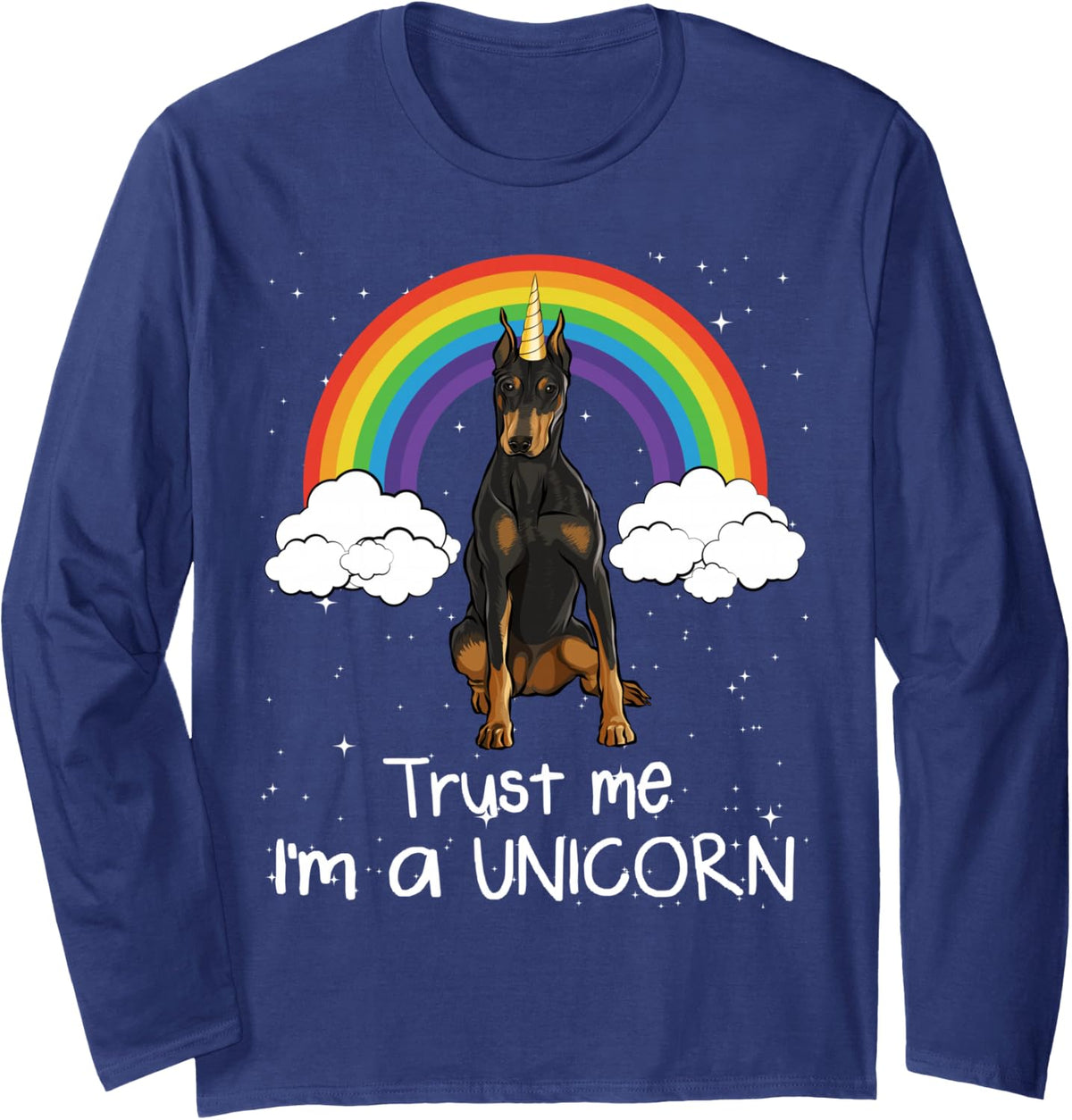 Rainbow Magic Unicorn Doberman Long Sleeve T-Shirt - Adult Unisex Navy Blue