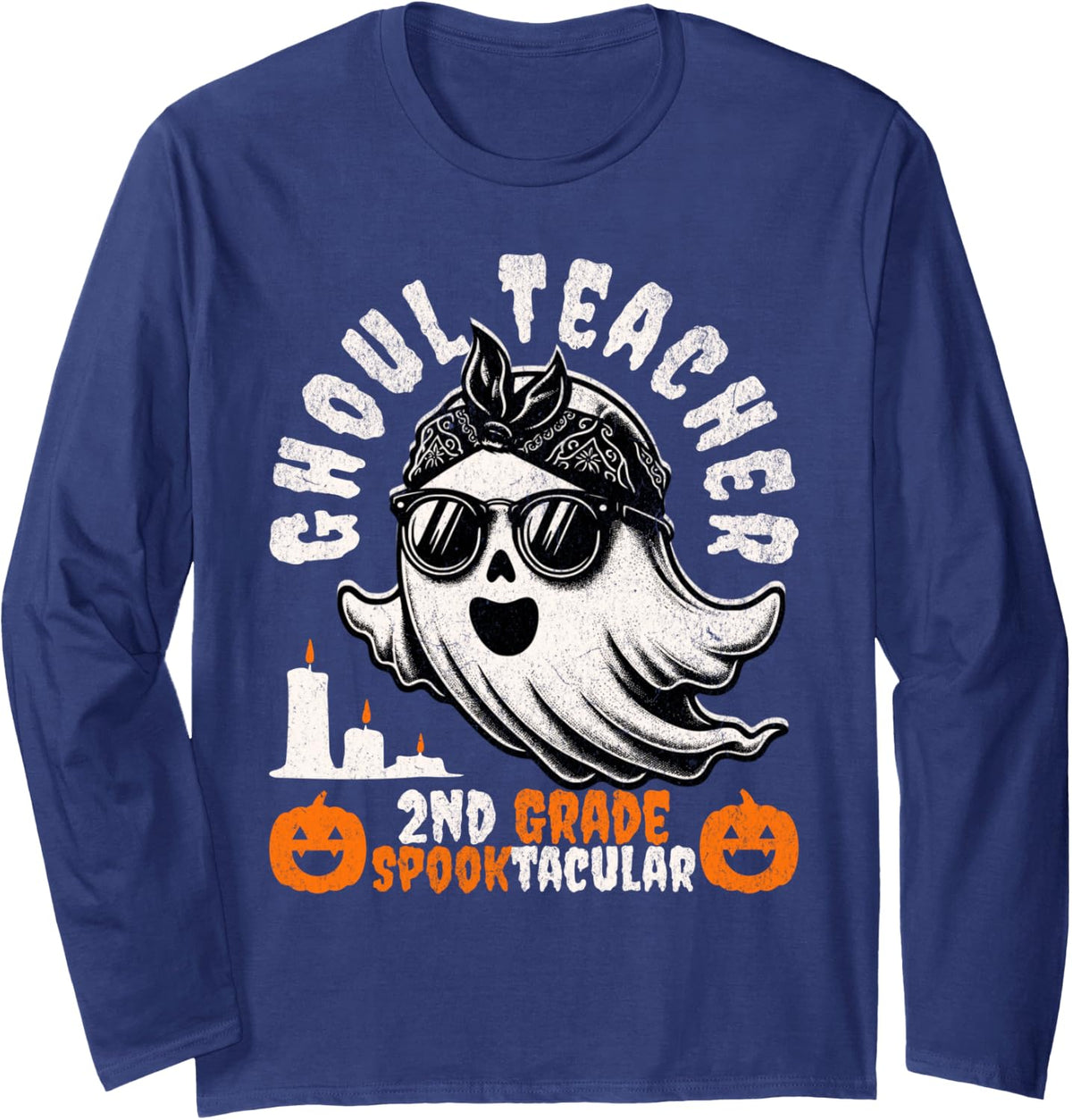 Ghoul Teacher 2nd Grade Spooktacular - Retro Ghost Halloween Long Sleeve T-Shirt - Adult Unisex Navy Blue