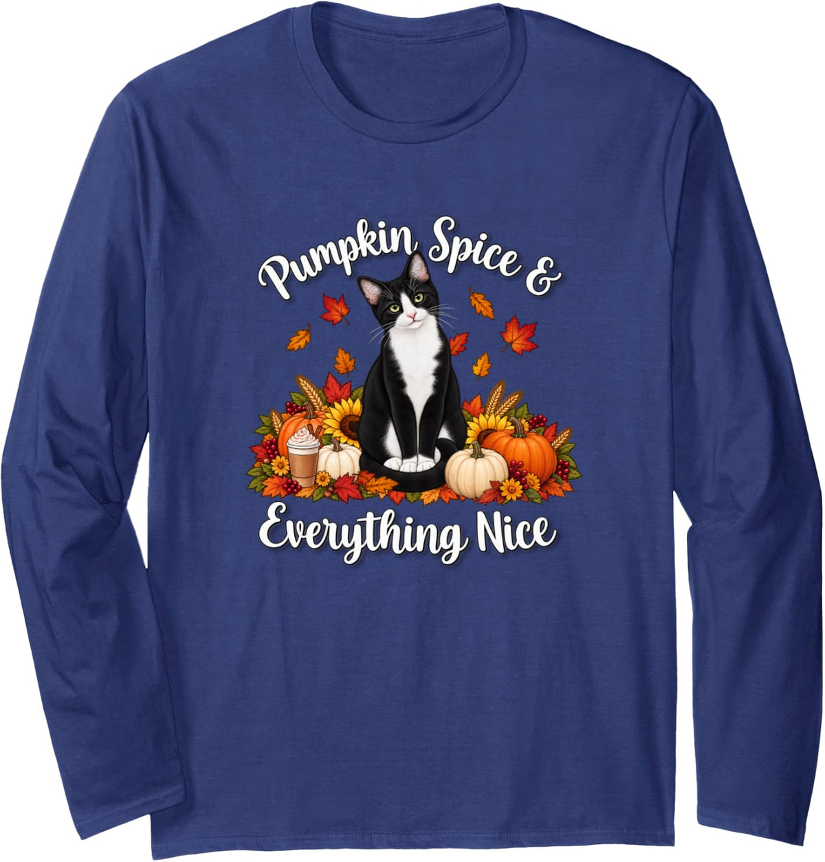 Womens Moms Fall PSL Pumpkin Spice Black White Tuxedo Cat Long Sleeve T-Shirt - Adult Unisex Navy Blue