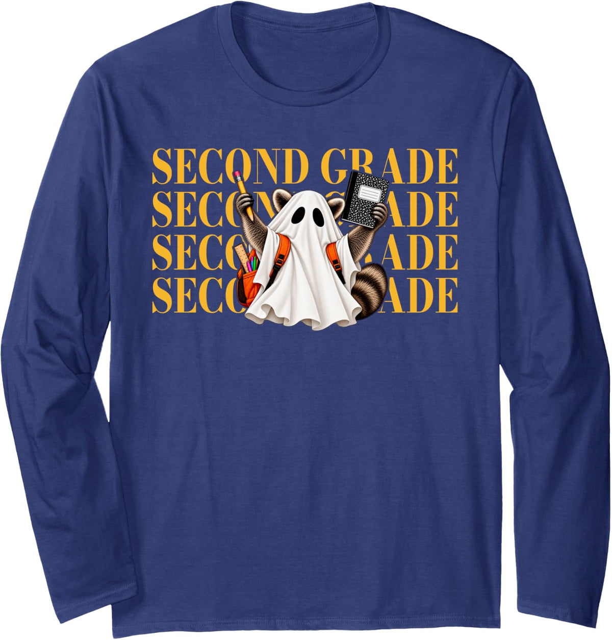 Second Grade Halloween Spooky Ghost Feral Raccoon Boys Long Sleeve T-Shirt - Adult Unisex Navy Blue