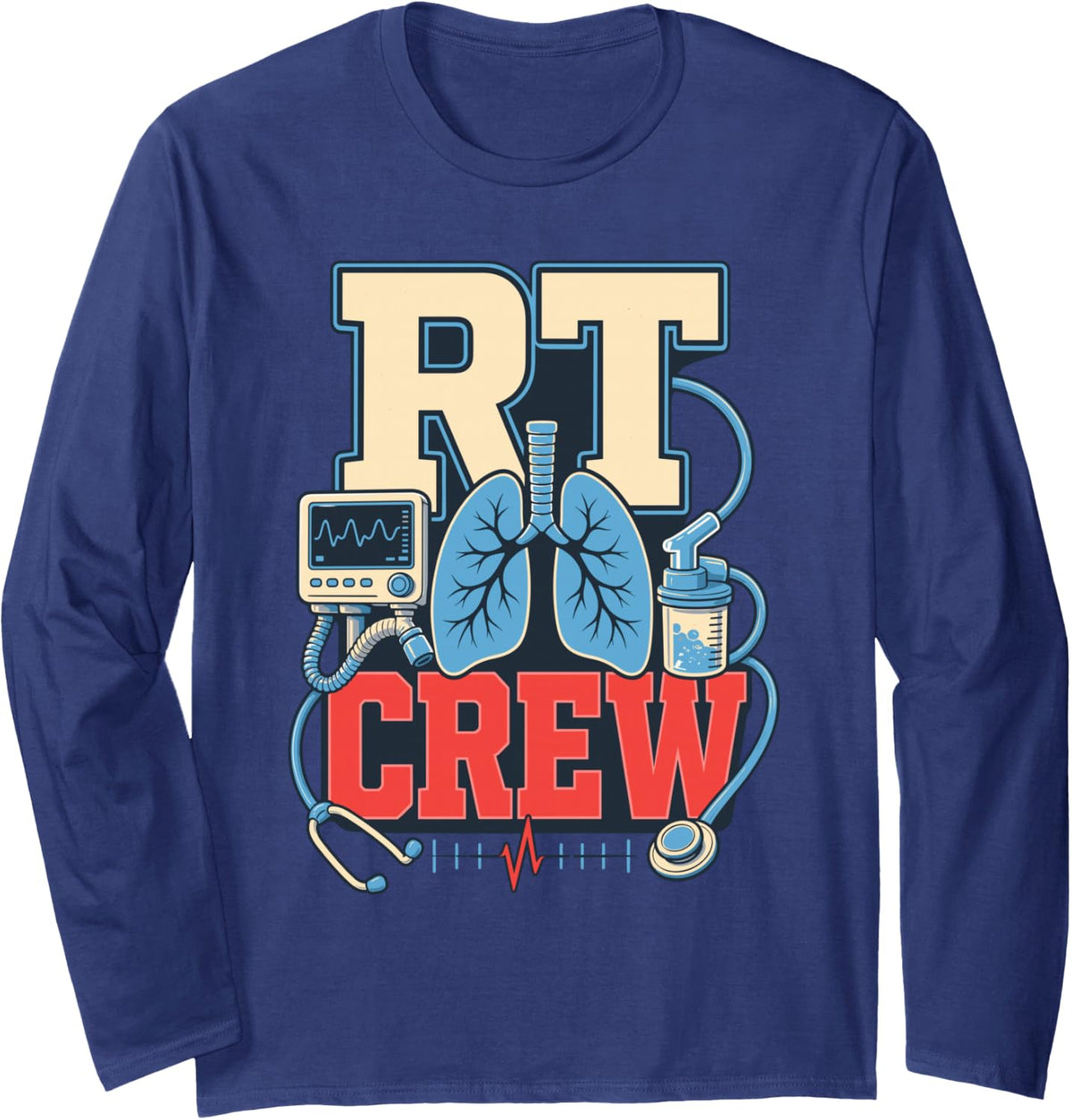 RT Crew Respiratory Therapist Medical Long Sleeve T-Shirt - Adult Unisex Navy Blue