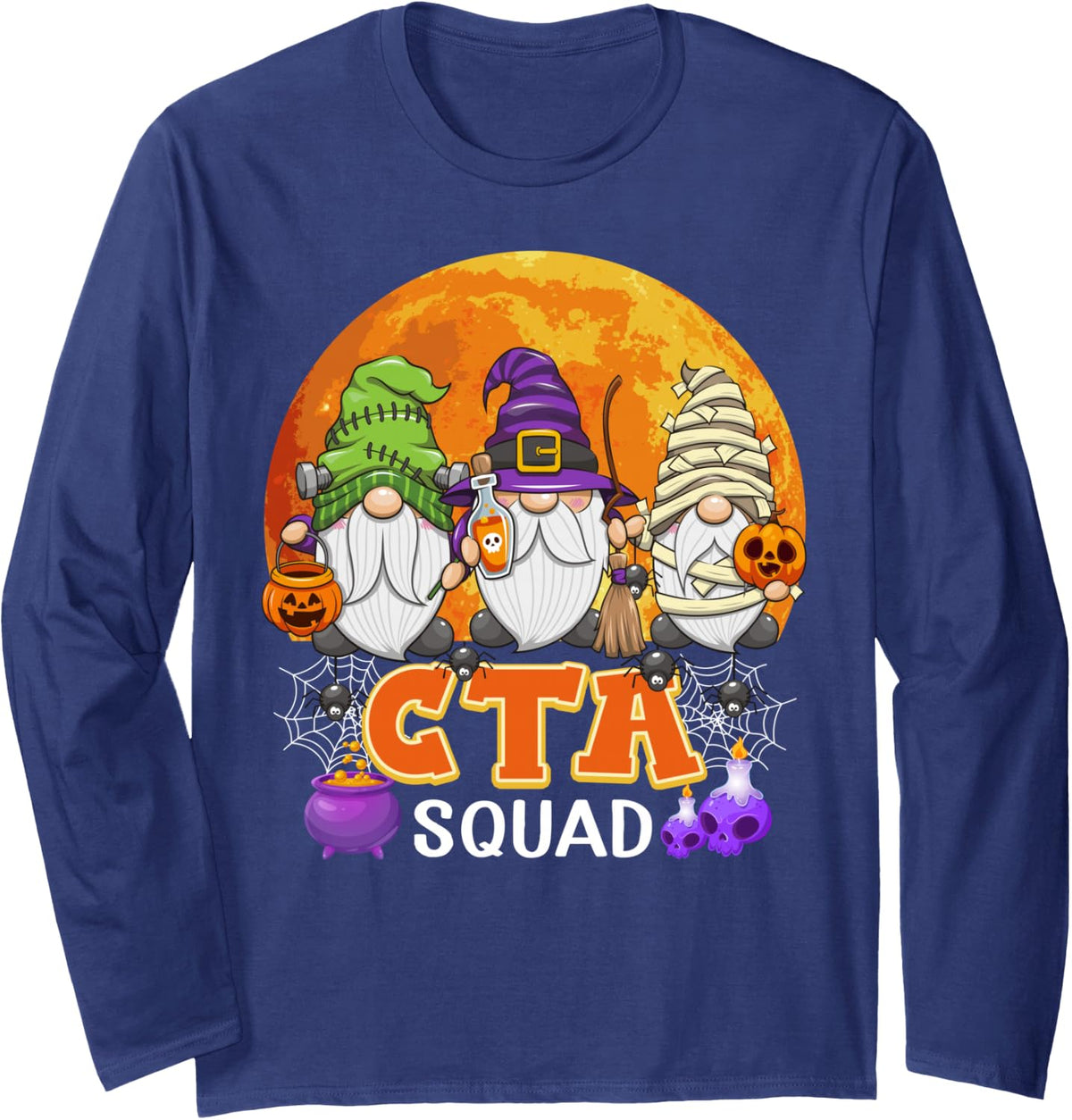 CTA Squad Halloween Chiropractic Therapy Gnome Matching Long Sleeve T-Shirt - Adult Unisex Navy Blue