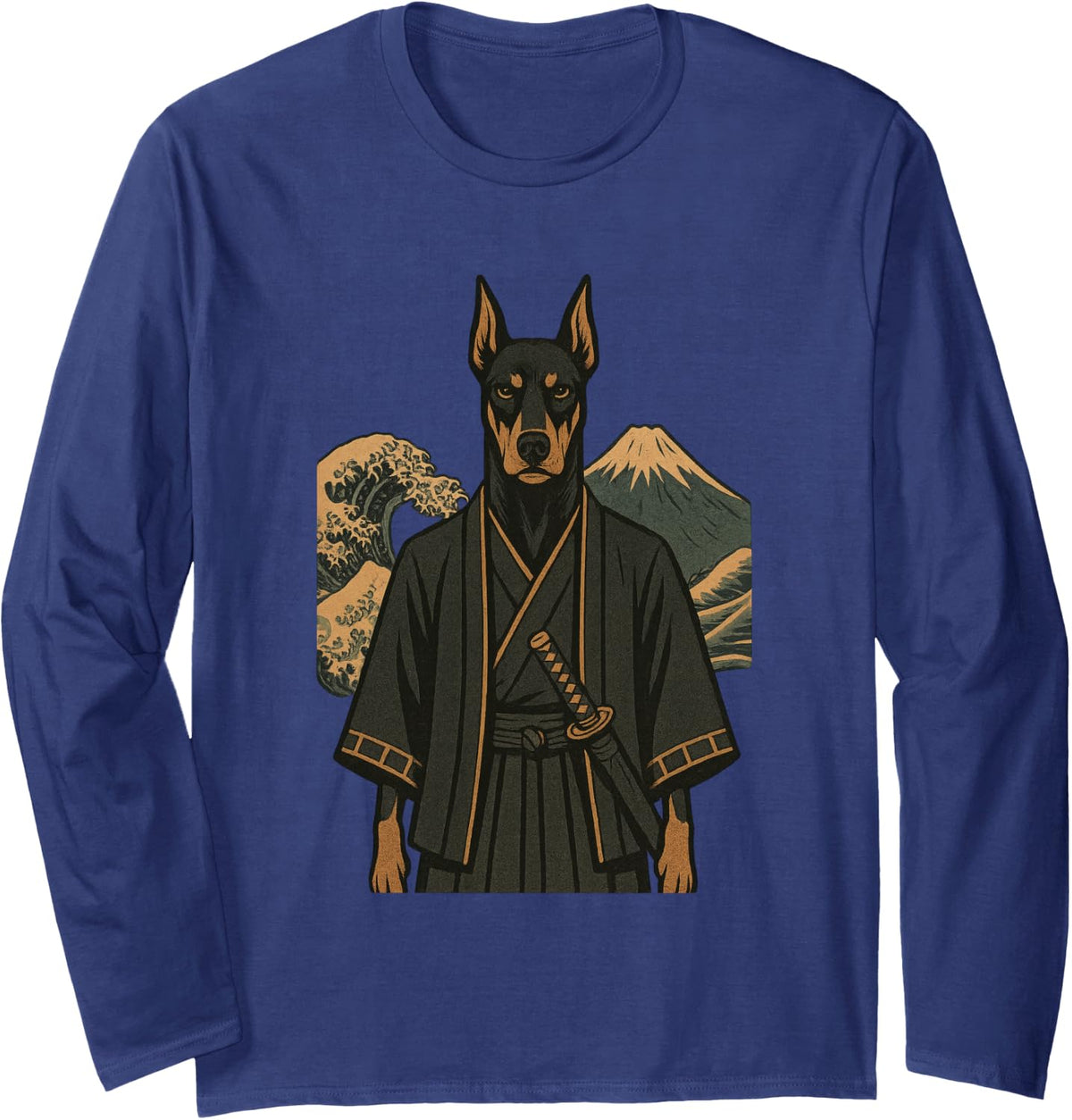 Doberman Pinscher Samurai Japanese Wave Mountain Art Long Sleeve T-Shirt - Adult Unisex Navy Blue