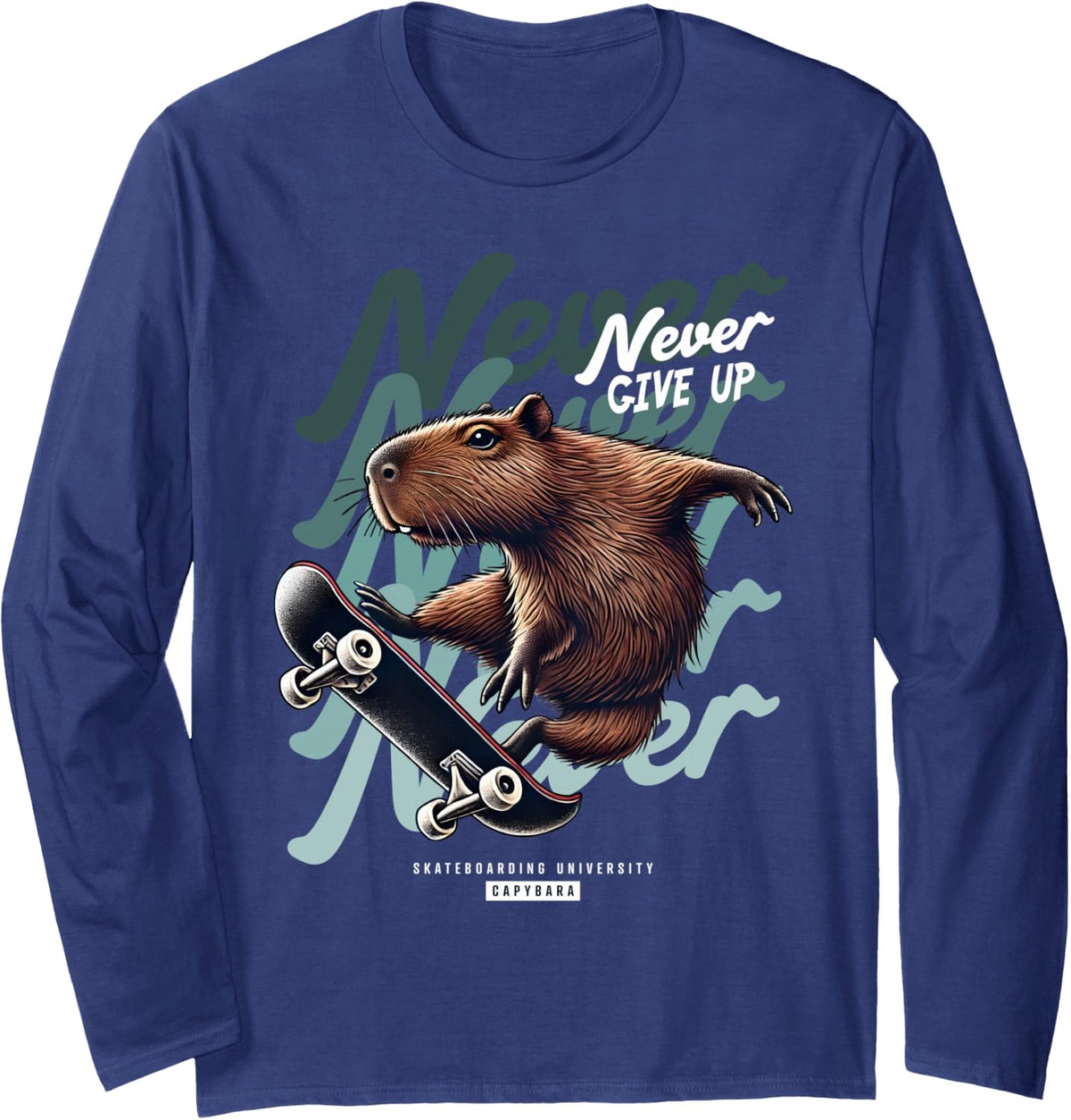 Capybara Skater Cool Skateboard Design Funny Skateboarding Long Sleeve T-Shirt - Adult Unisex Navy Blue