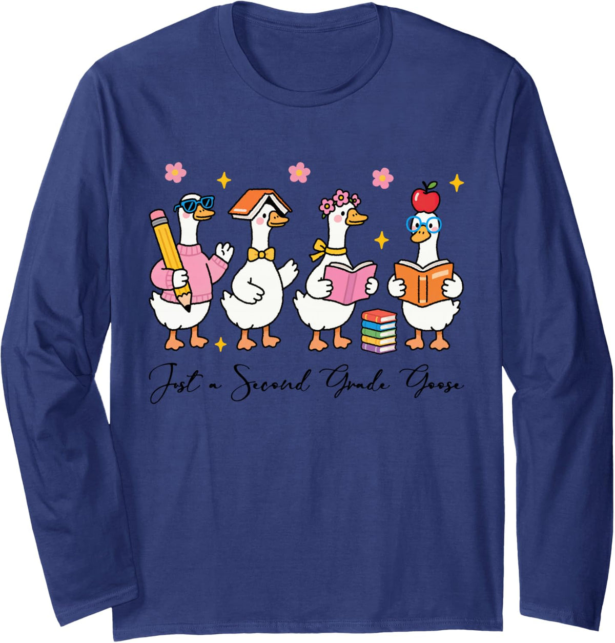 Second Grade Goose Back to School 2nd Grade Teacher Girl Kid Long Sleeve T-Shirt - Adult Unisex Navy Blue