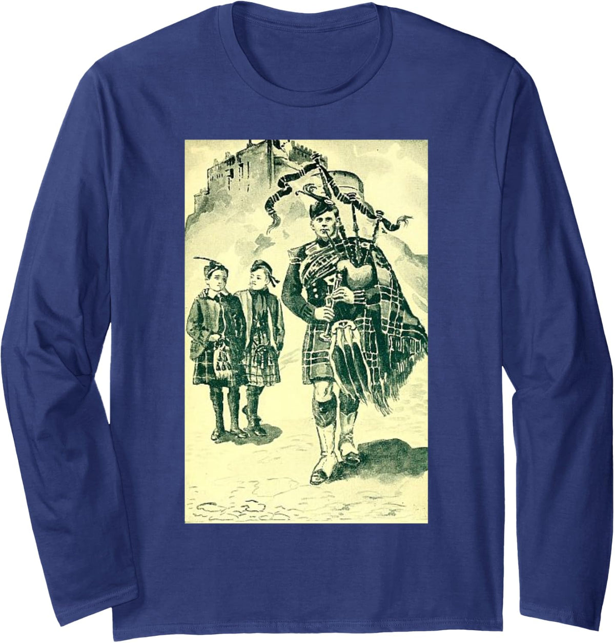 Vintage Scottish Piper bagpipes Long Sleeve T-Shirt - Adult Unisex Navy Blue