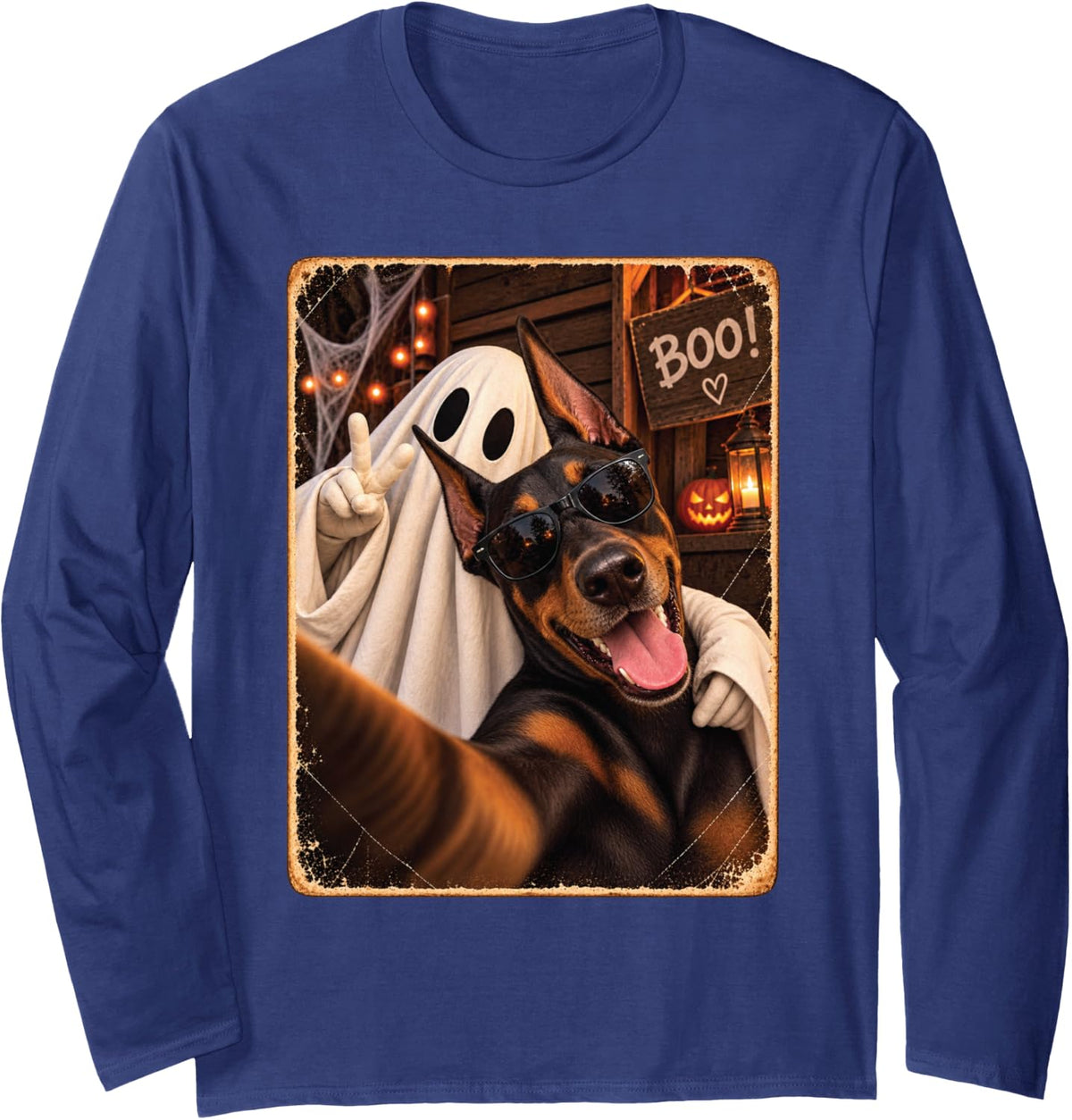 Doberman Pinscher Halloween Dog Ghost Selfie Fun Pet Family Long Sleeve T-Shirt - Adult Unisex Navy Blue