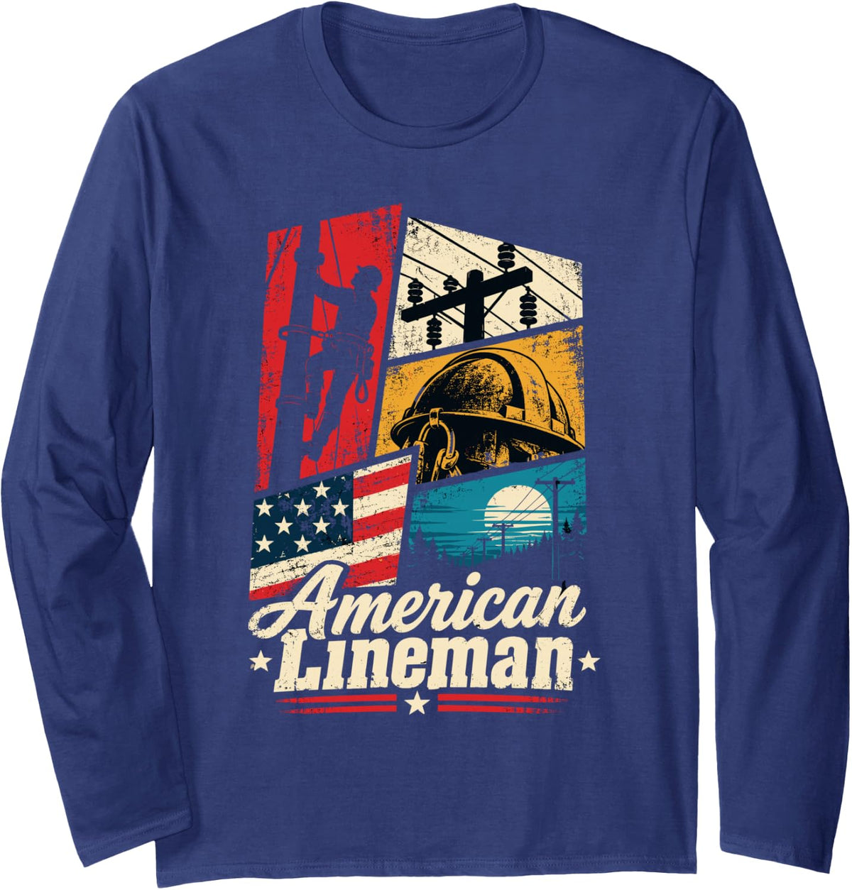 American Lineman Us Flag Power Lineman Long Sleeve T-Shirt - Adult Unisex Navy Blue