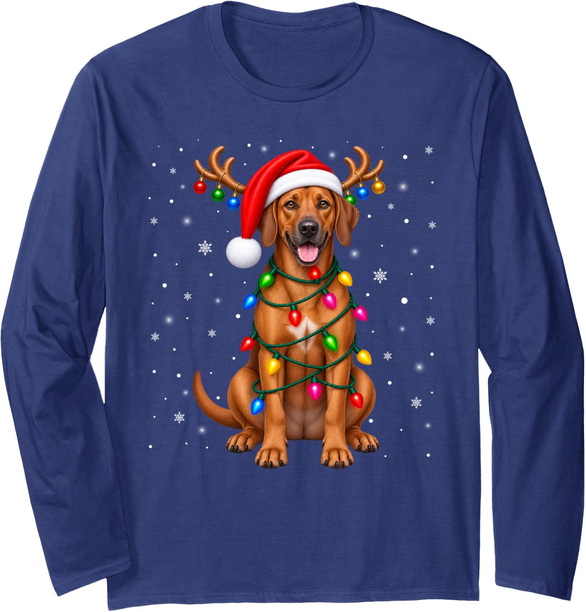Rhodesian Ridgeback Christmas Tree Lights Sweater Pet Dogs Long Sleeve T-Shirt - Adult Unisex Navy Blue