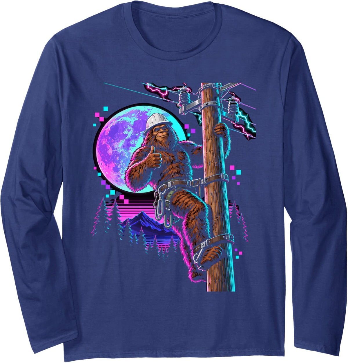 Funny Bigfoot Lineman Long Sleeve T-Shirt - Adult Unisex Navy Blue