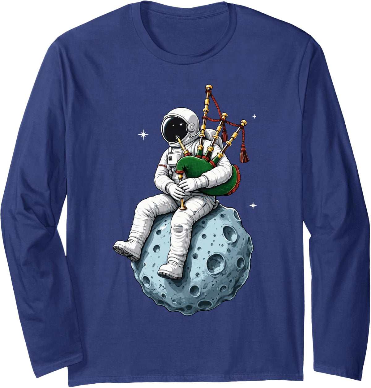 Bagpipe Astronaut Scottish Highland Music Piper Long Sleeve T-Shirt - Adult Unisex Navy Blue