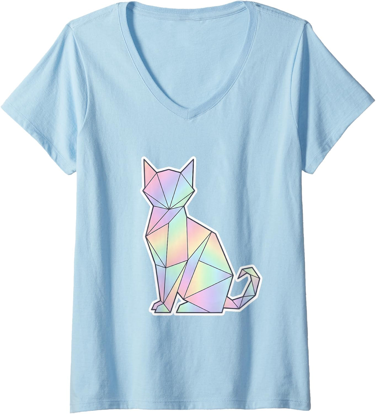 Women's Geometric Low Poly Cat Pastel Rainbow Origami Kitty V-Neck T-Shirt - Baby Blue