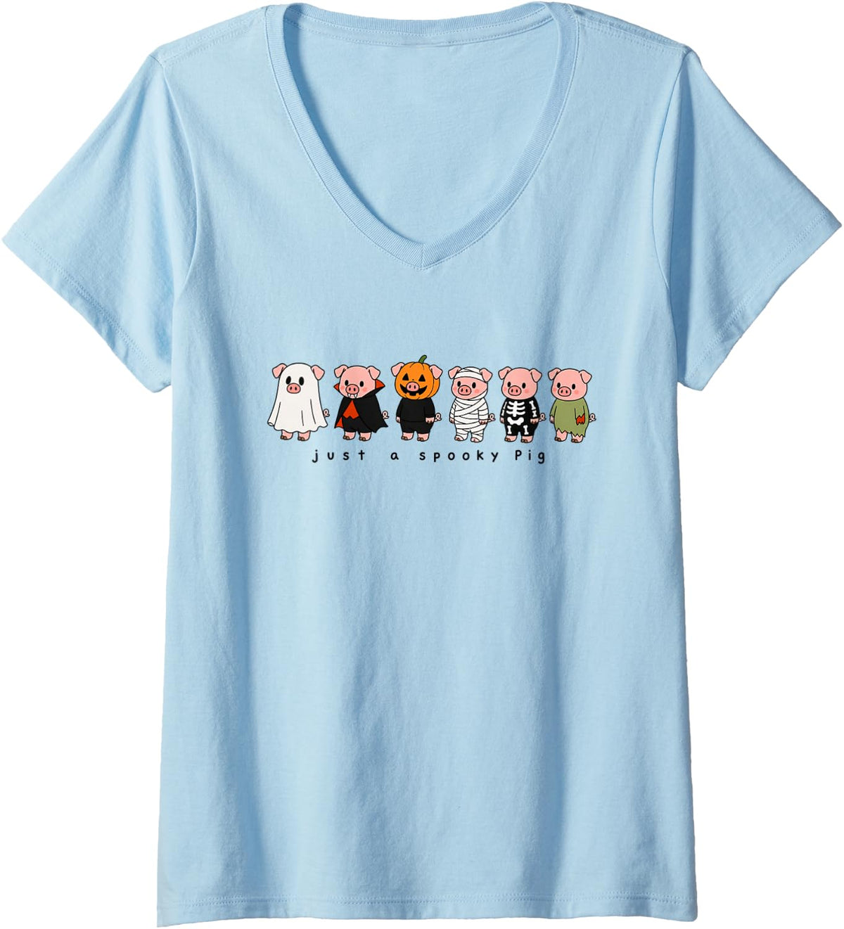 Women's Pig Cute Animal Lover Spooky Fall Halloween Graphic V-Neck T-Shirt - Baby Blue