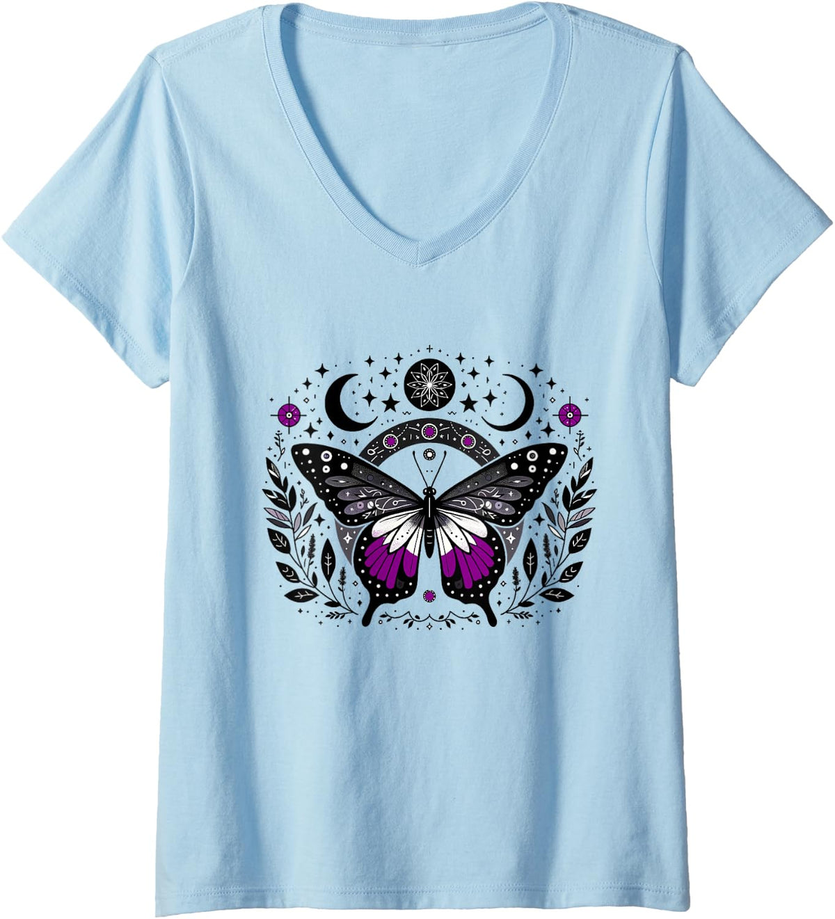 Women's Asexual Pride Butterfly LGBT Month Subtle Discreet V-Neck T-Shirt - Baby Blue