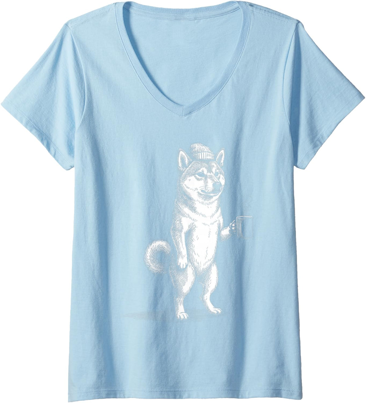Women's Grumpy Shiba Inu Dog Drinking Coffee Funny V-Neck T-Shirt - Baby Blue