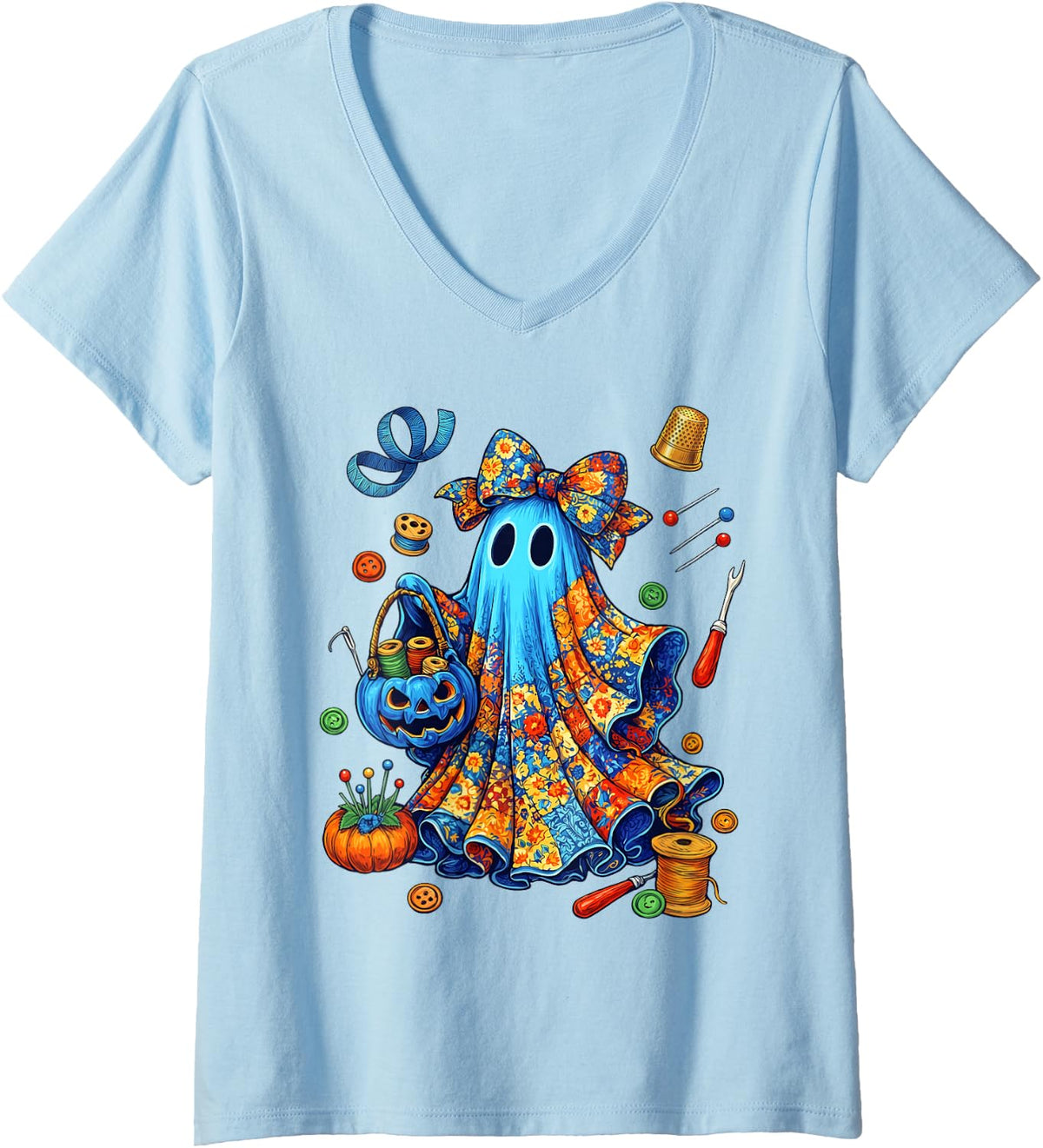 Women's Seamstress Halloween Patchwork Ghost Pumpkin Quilting Sewing V-Neck T-Shirt - Baby Blue