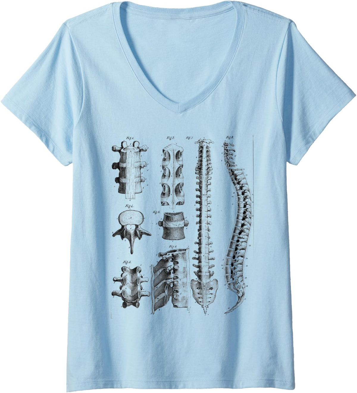 Women's Human Spine Anatomy Vintage Bones of the Spine for Physician V-Neck T-Shirt - Baby Blue