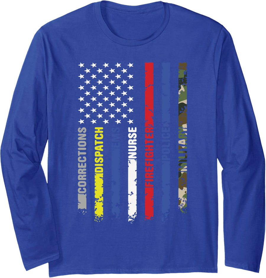 First Responders Hero Flag - Nurse EMS Police Fire Military Long Sleeve T-Shirt - Adult Unisex Royal Blue