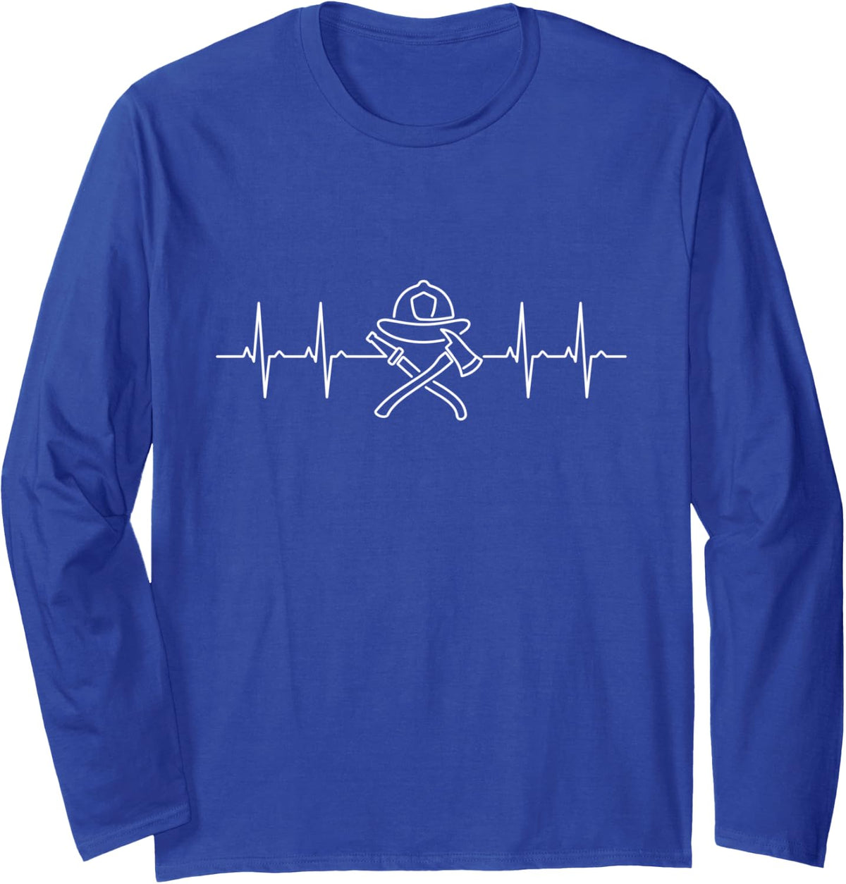 Firefighter Heartbeat EKG Helmet Fire Axe Line Art Long Sleeve T-Shirt - Adult Unisex Royal Blue