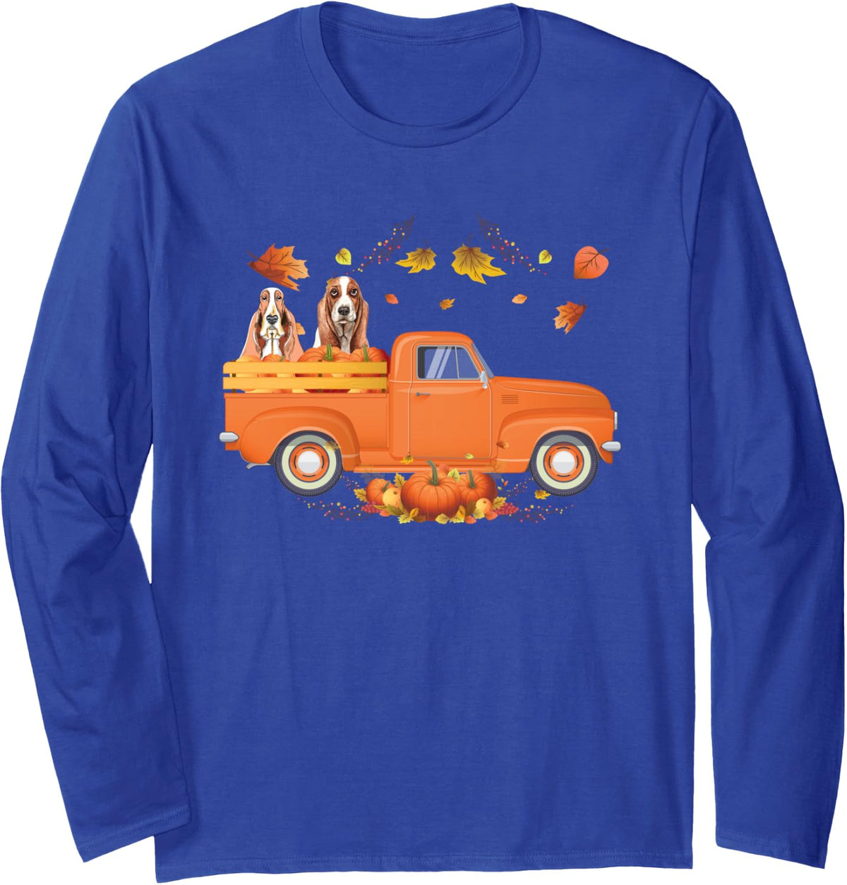 Basset Hound Pumpkin Truck Fall Thanksgiving Halloween Long Sleeve T-Shirt - Adult Unisex Royal Blue