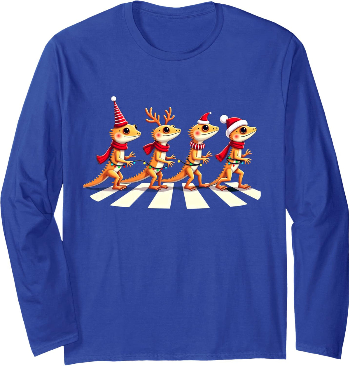 Crested Gecko Crossing Road Xmas Long Sleeve T-Shirt - Adult Unisex Royal Blue