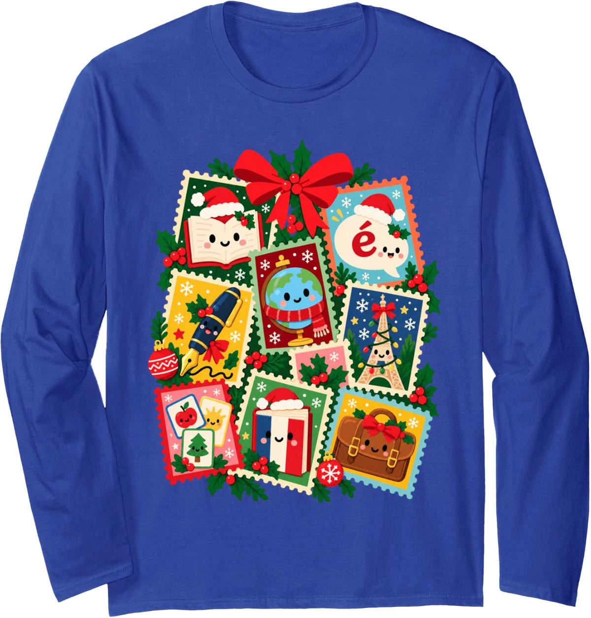 French Teacher Christmas Language Classroom Stamp Art Long Sleeve T-Shirt - Adult Unisex Royal Blue