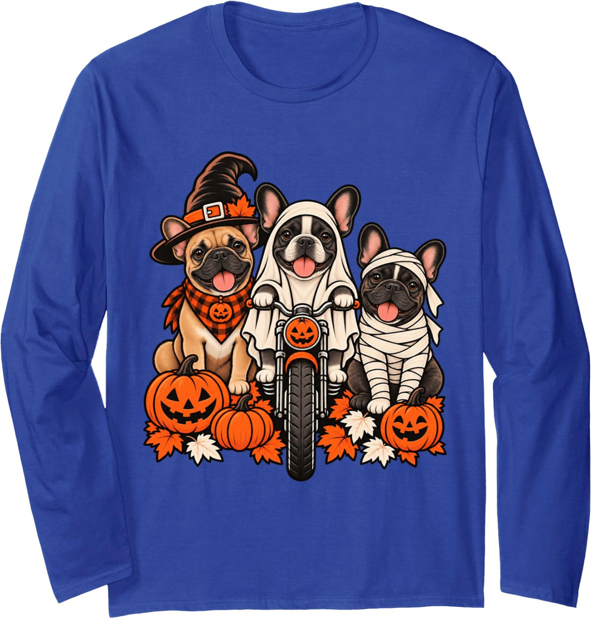 Fall Ghost French Bulldog Motorcycle Lovers Halloween Long Sleeve T-Shirt - Adult Unisex Royal Blue