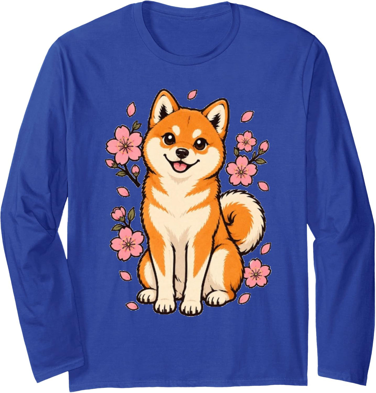 Cute Shiba Inu Japanese Dog with Cherry Blossoms Long Sleeve T-Shirt - Adult Unisex Royal Blue