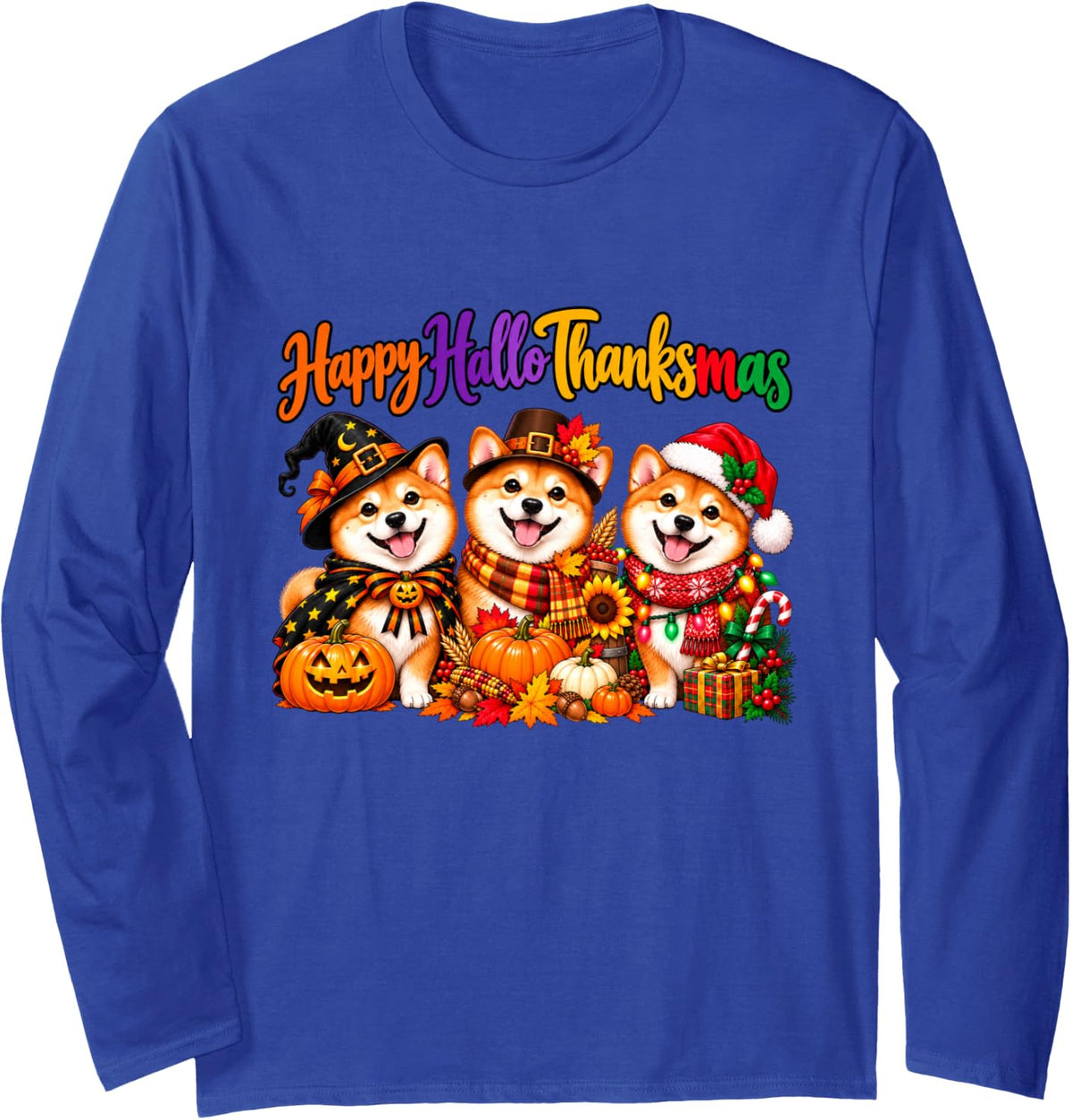 Shiba Inu Happy Hallothanksmas Halloween Thanksgiving Xmas Long Sleeve T-Shirt - Adult Unisex Royal Blue