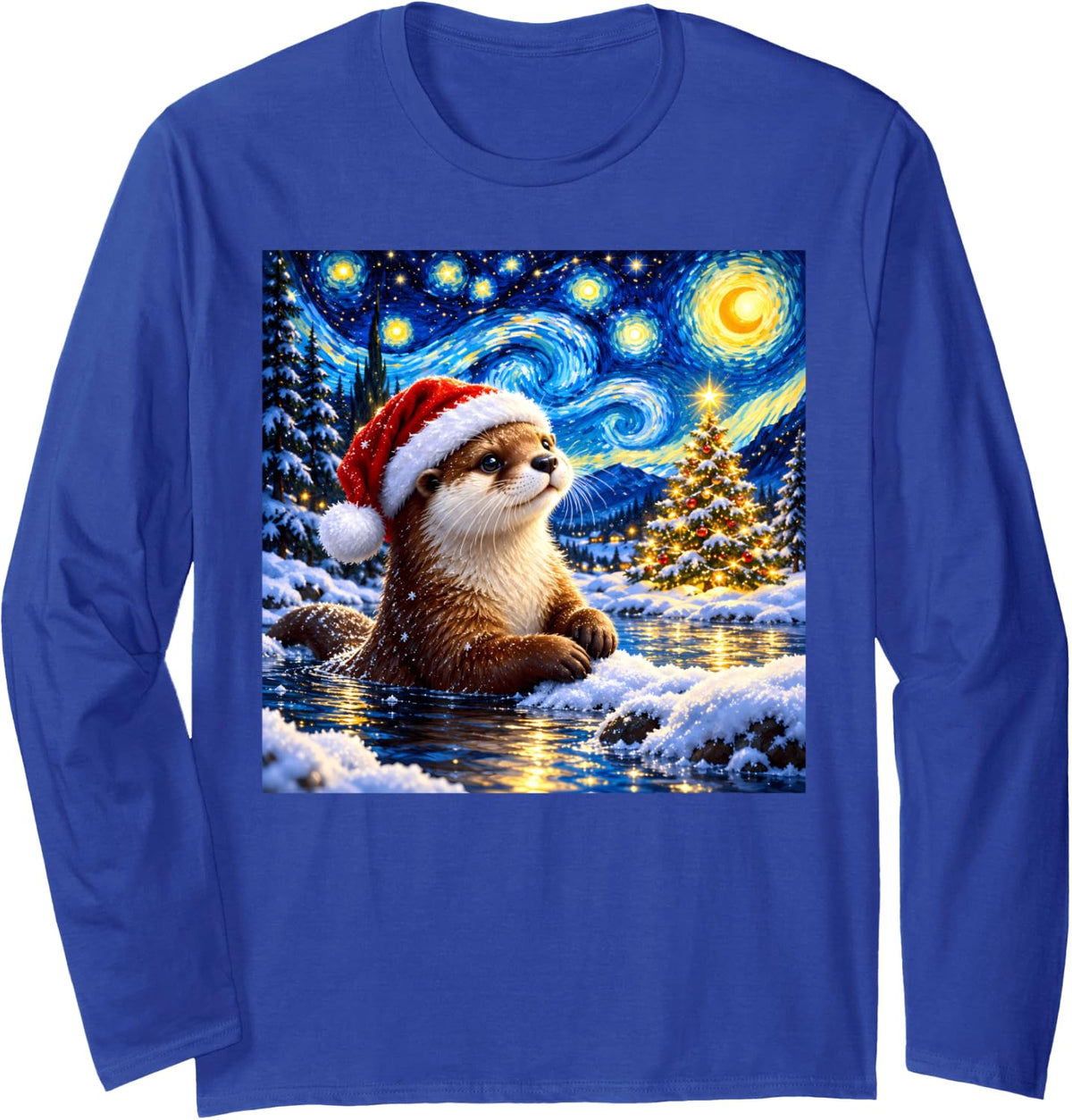 Van Gogh Starry Night Sea Otter Santa Hat Christmas Tree Long Sleeve T-Shirt - Adult Unisex Royal Blue