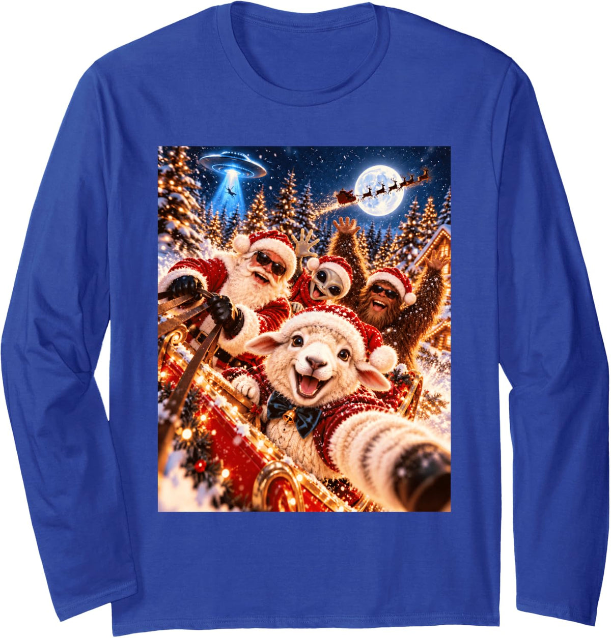 Playful Sheep Santa Christmas Selfie UFO Graphic Long Sleeve T-Shirt - Adult Unisex Royal Blue