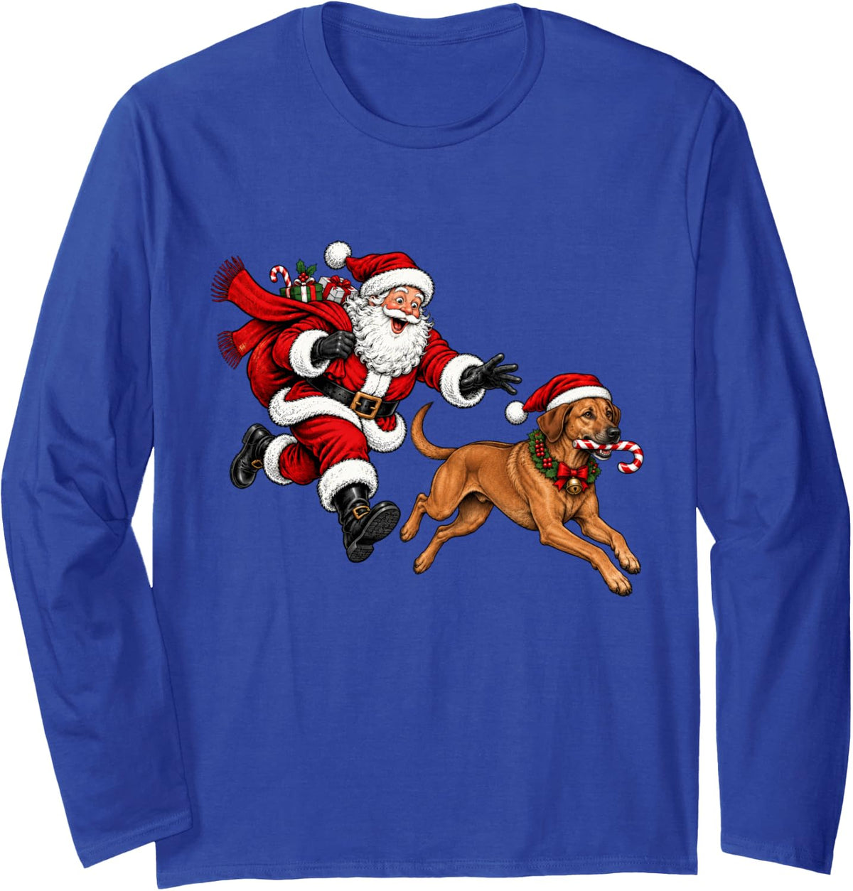 Funny Santa Chasing Rhodesian Ridgeback Christmas Dog Mom Long Sleeve T-Shirt - Adult Unisex Royal Blue