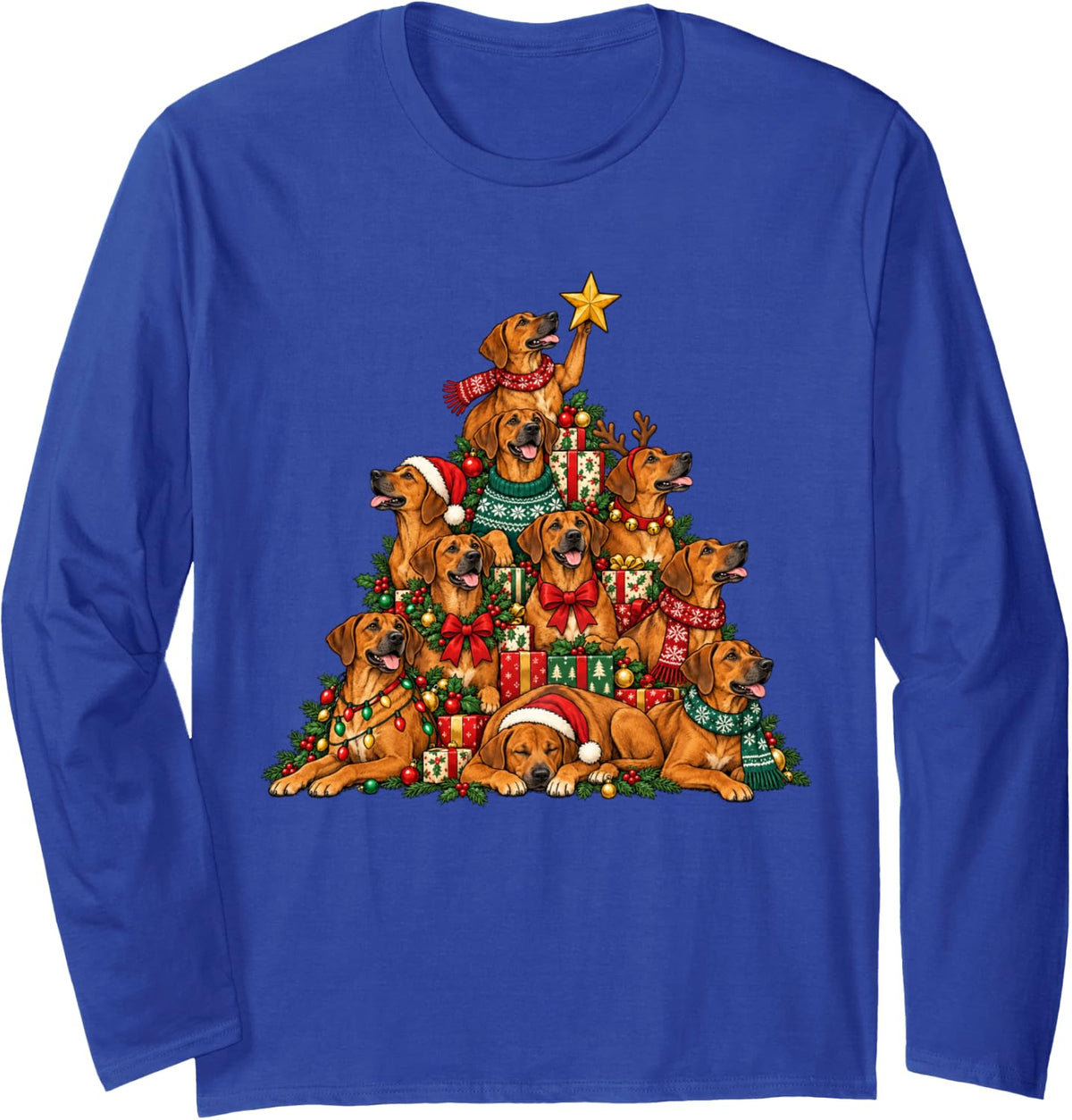 Funny Rhodesian Ridgeback Christmas Lights Tree Dog Lover Long Sleeve T-Shirt - Adult Unisex Royal Blue