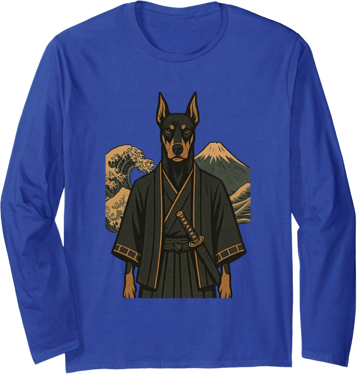 Doberman Pinscher Samurai Japanese Wave Mountain Art Long Sleeve T-Shirt - Adult Unisex Royal Blue