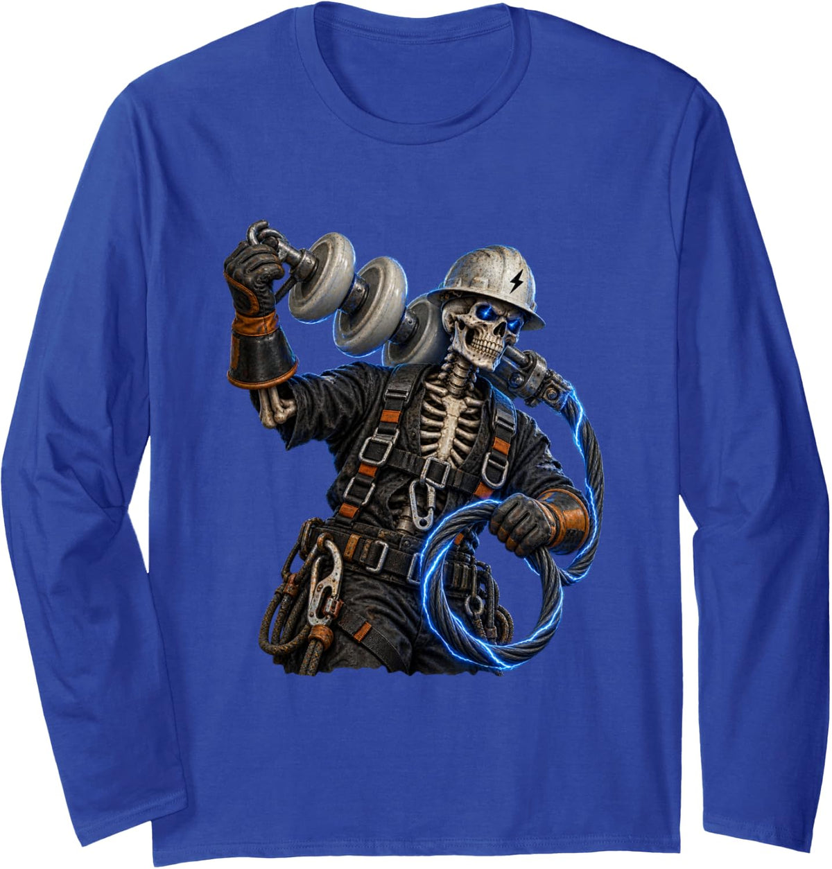 Scary Skeleton Lineman Design for Lineworkers and Lineman Long Sleeve T-Shirt - Adult Unisex Royal Blue