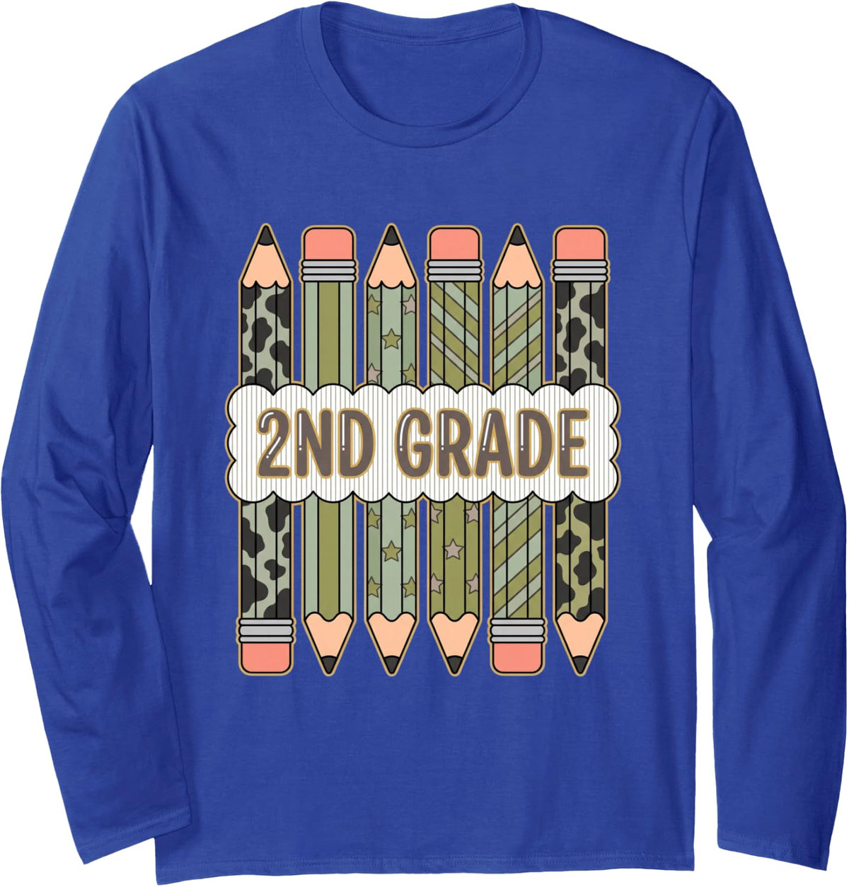 2ND Grade Camo Pencils Back to School Boys Student Long Sleeve T-Shirt - Adult Unisex Royal Blue