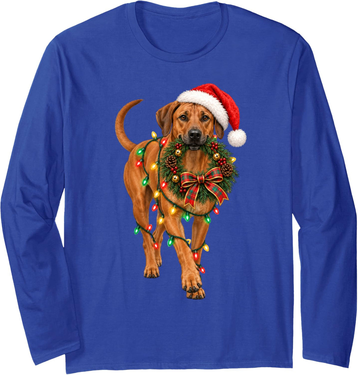 Rhodesian Ridgeback Christmas Wreath Decoration Xmas Pajamas Long Sleeve T-Shirt - Adult Unisex Royal Blue