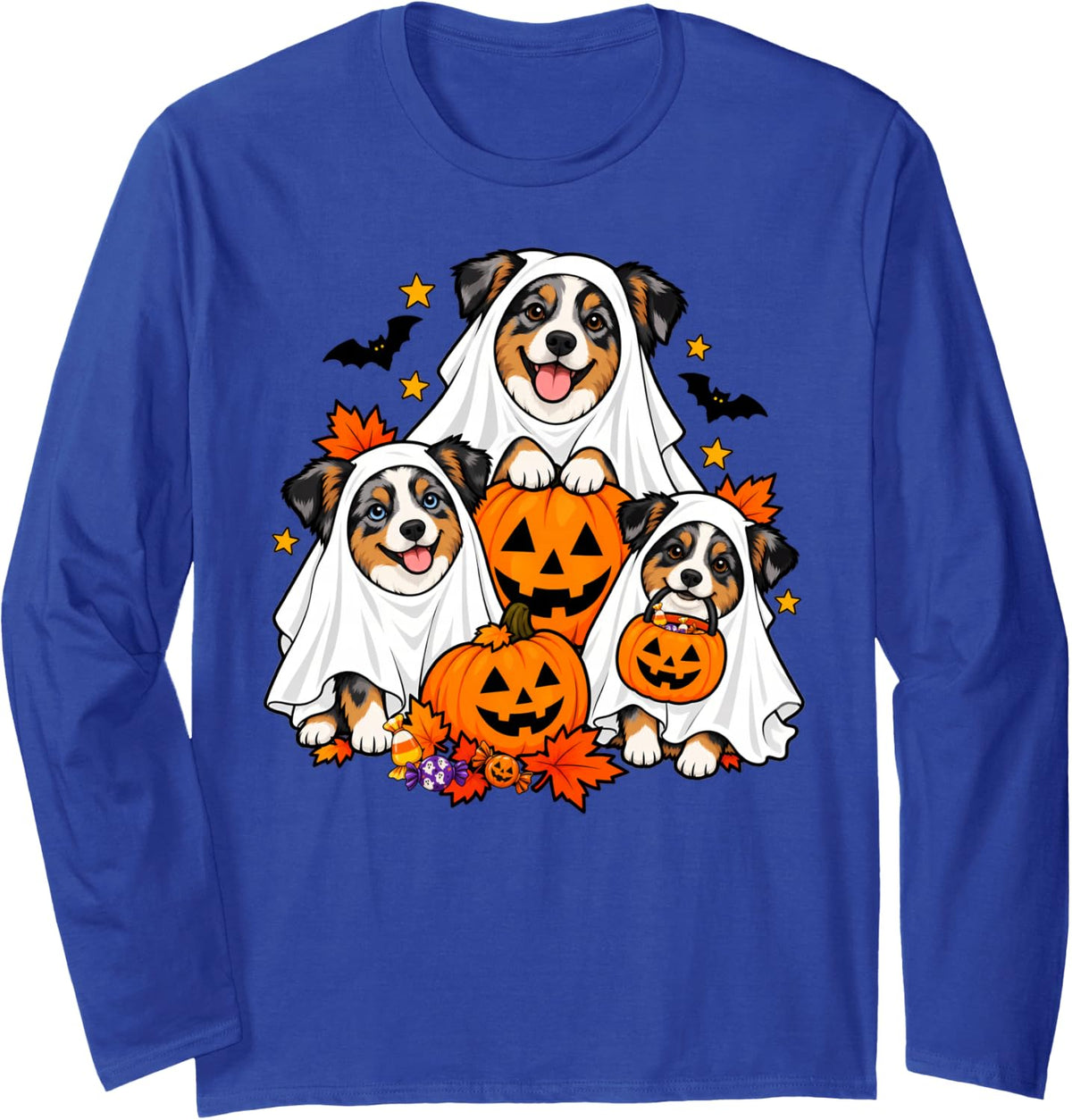 Ghost Miniature American Shepherd Dog and Pumpkins Halloween Long Sleeve T-Shirt - Adult Unisex Royal Blue