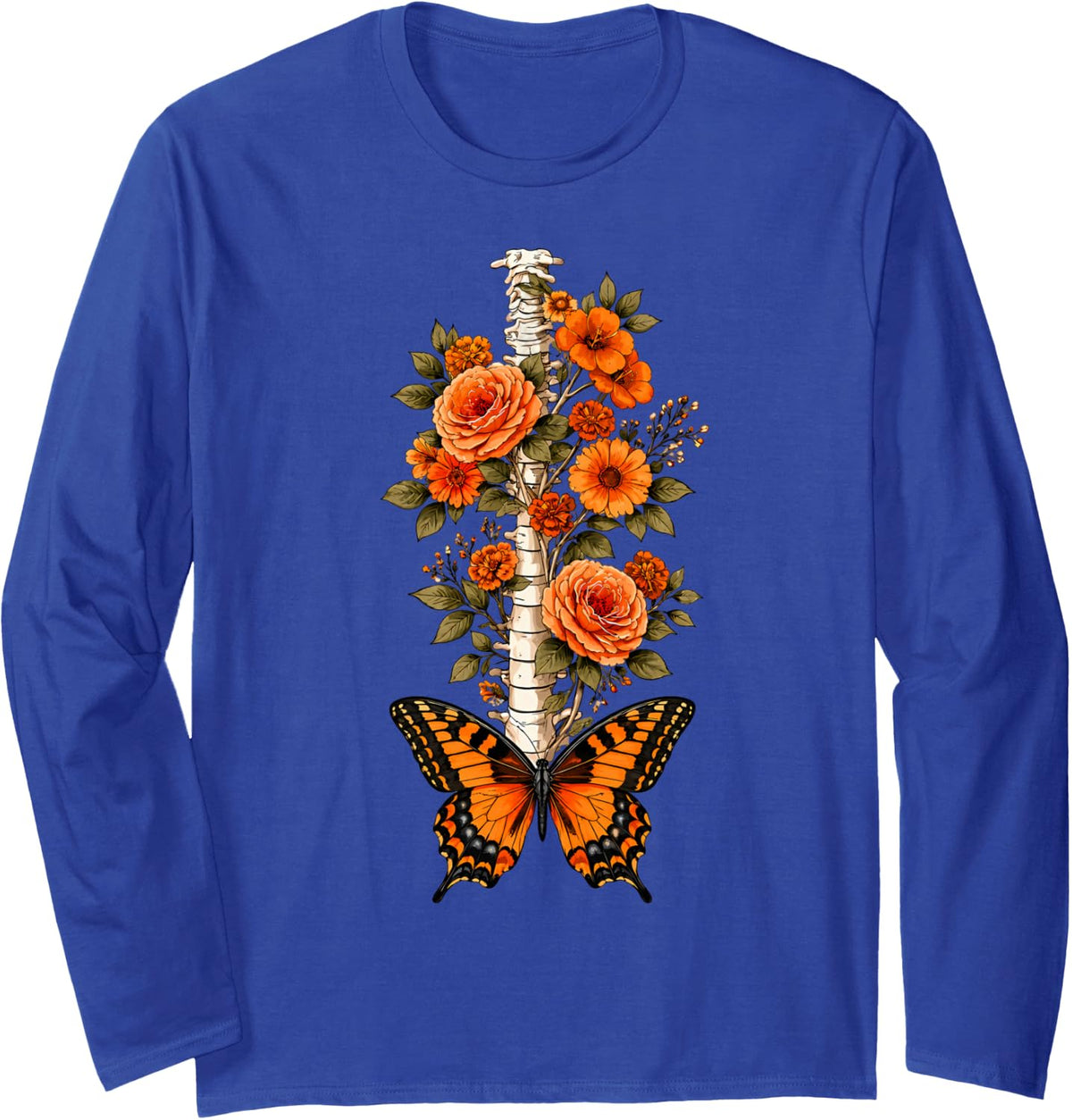 Floral Spine Skeleton Chiropractor Funny Halloween Long Sleeve T-Shirt - Adult Unisex Royal Blue