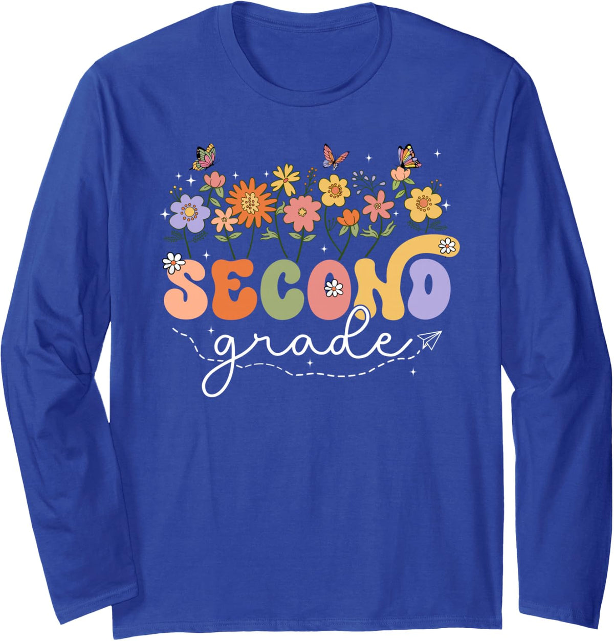 2nd Second Grade Teacher Wildflower Back to School Floral Long Sleeve T-Shirt - Adult Unisex Royal Blue