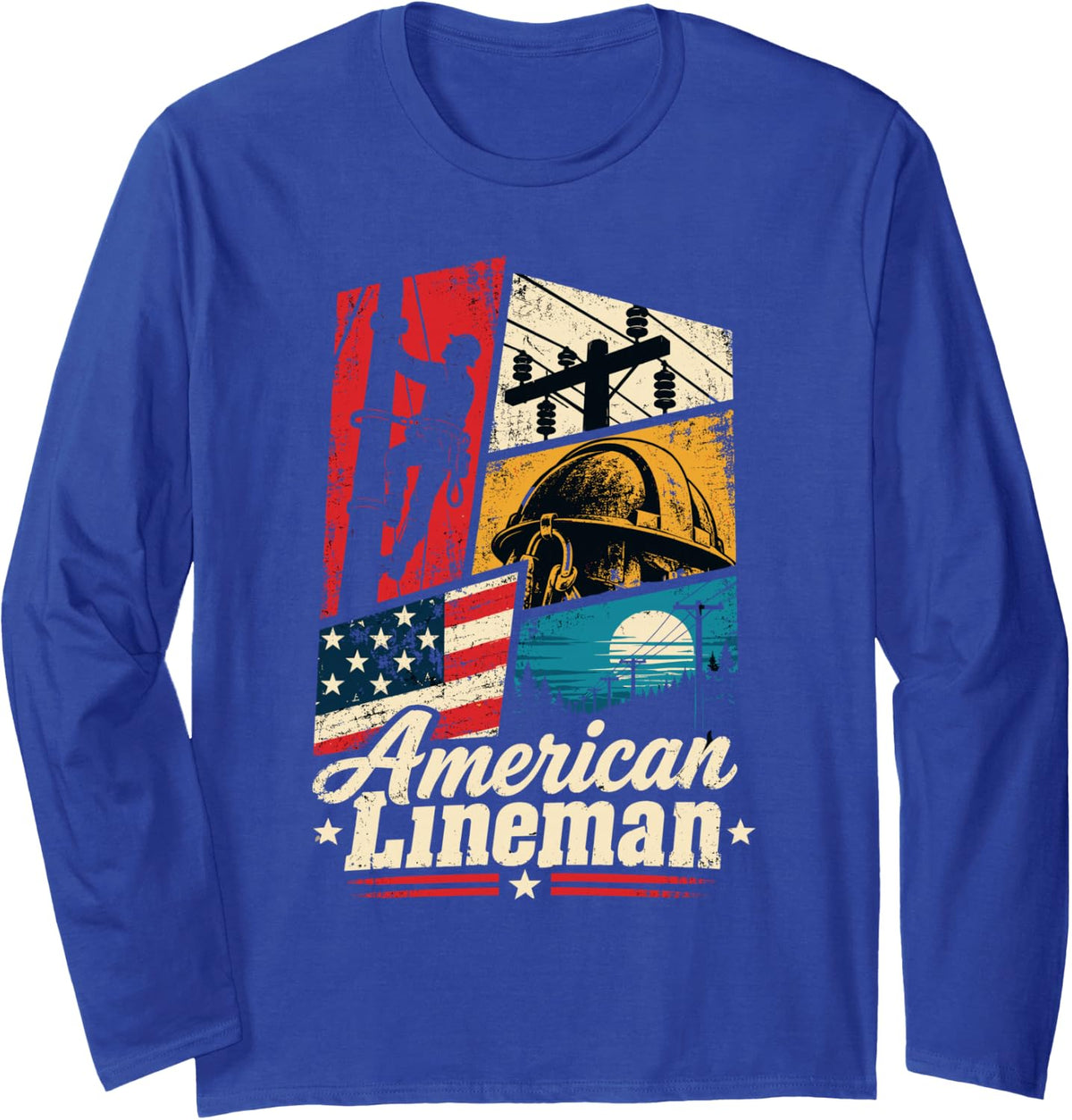 American Lineman Us Flag Power Lineman Long Sleeve T-Shirt - Adult Unisex Royal Blue
