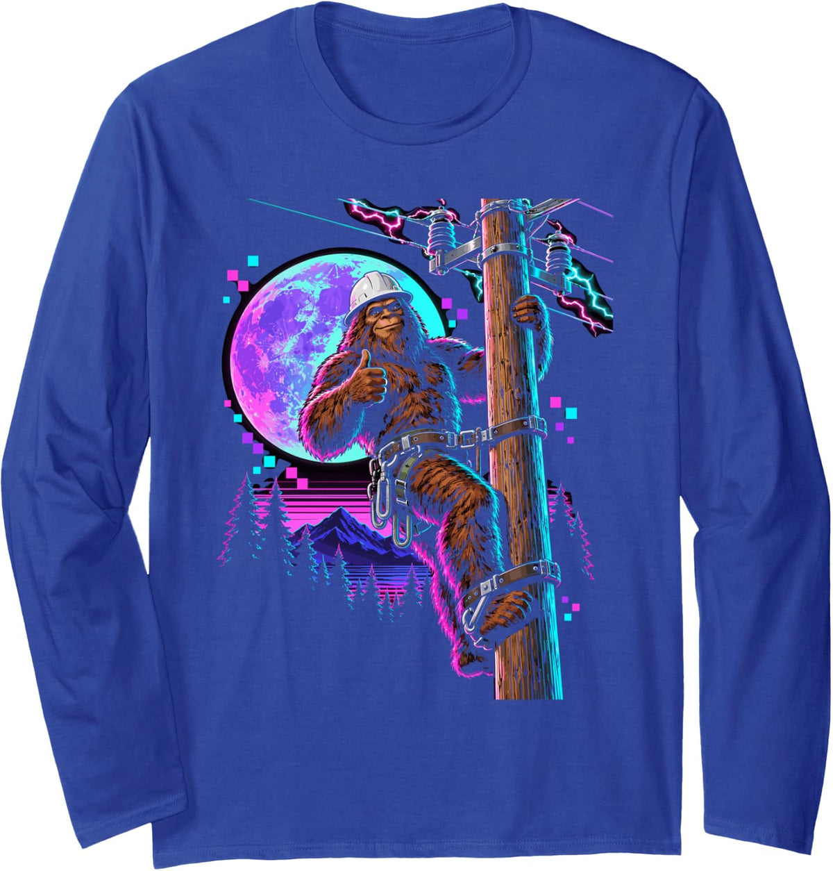 Funny Bigfoot Lineman Long Sleeve T-Shirt - Adult Unisex Royal Blue