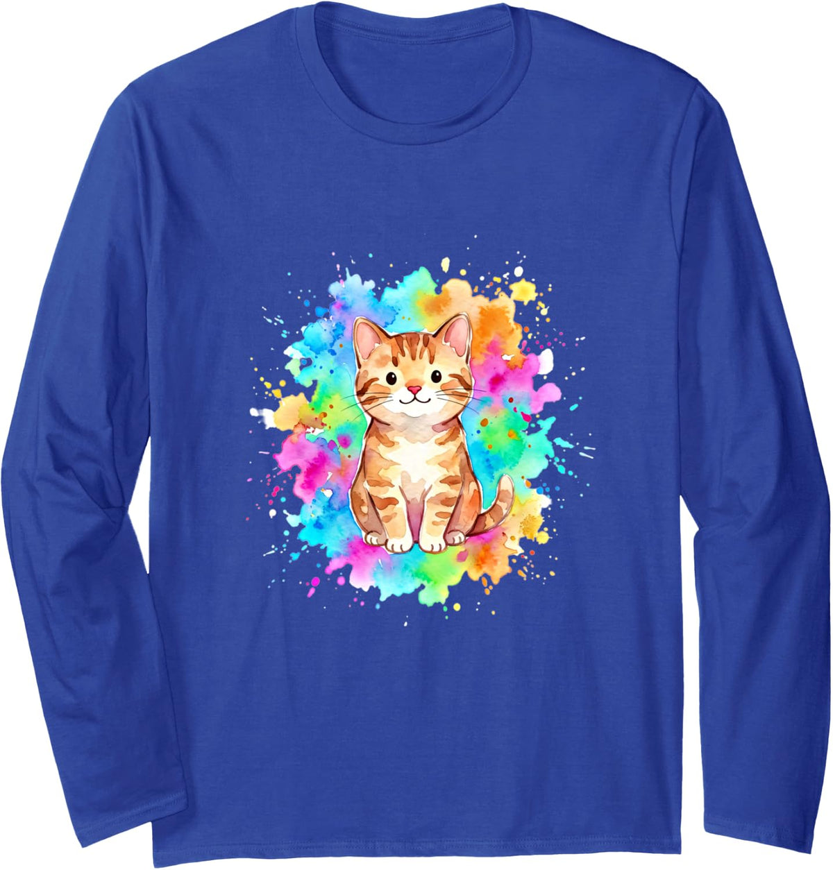 Cute Watercolor Kitten Cat Colorful Splatter Art Long Sleeve T-Shirt - Adult Unisex Royal Blue