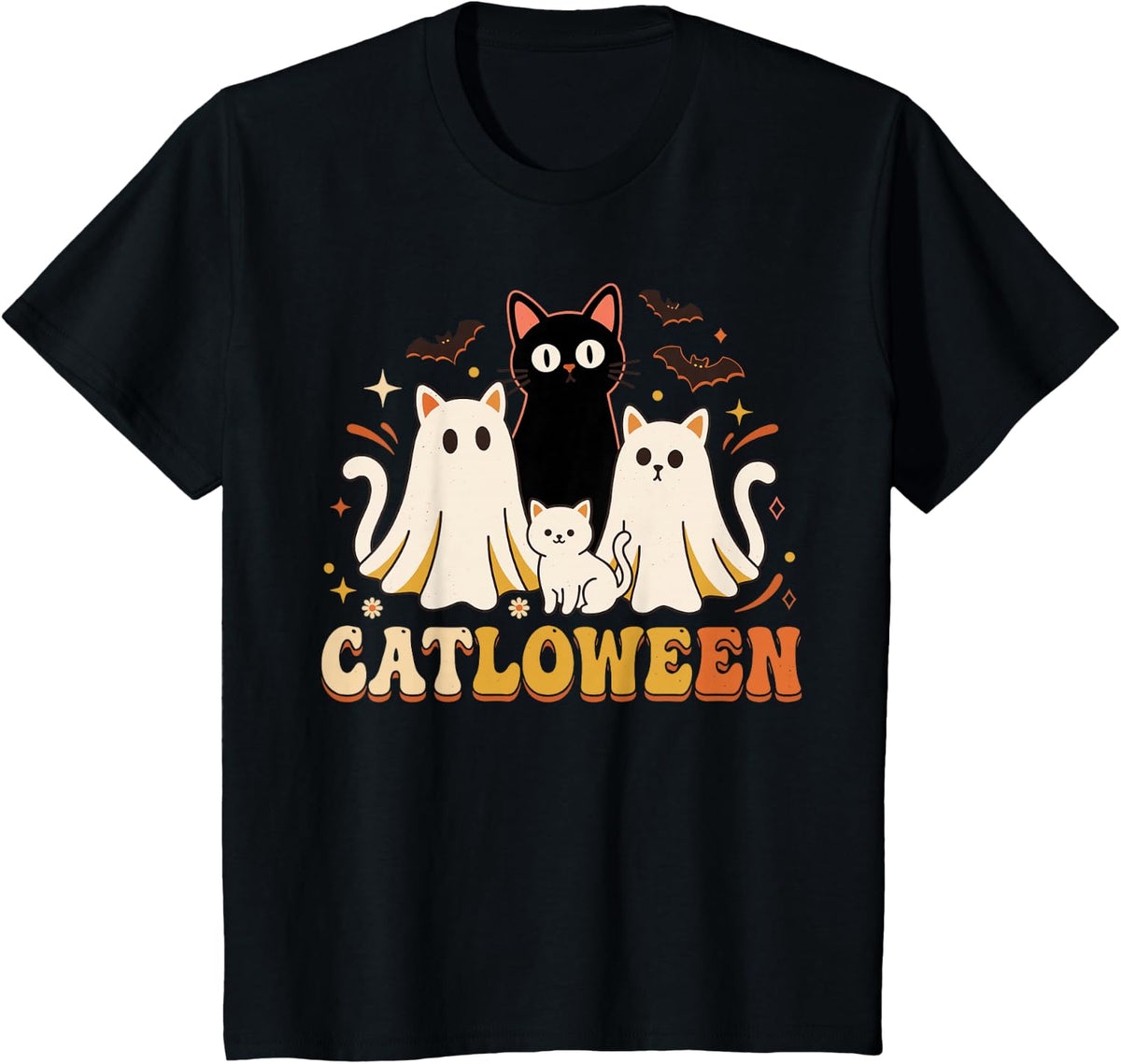 Retro Ghost Cat Halloween Shirt, Cute Spooky Catloween T-Shirt - Black