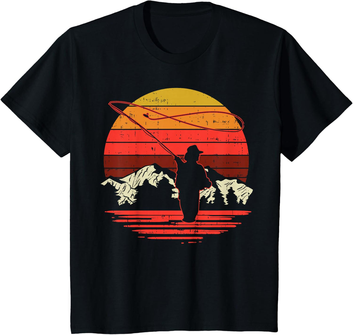 Fly Fishing Sunset Retro Trout Angling Fisherman Angler Gift T-Shirt - Black