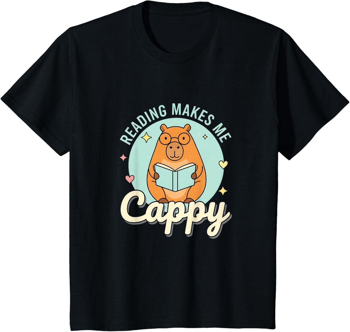 Reading Makes Me Cappy Bookworm Funny Capybara Book Reading Tees T-Shirt for Book Lovers - Black