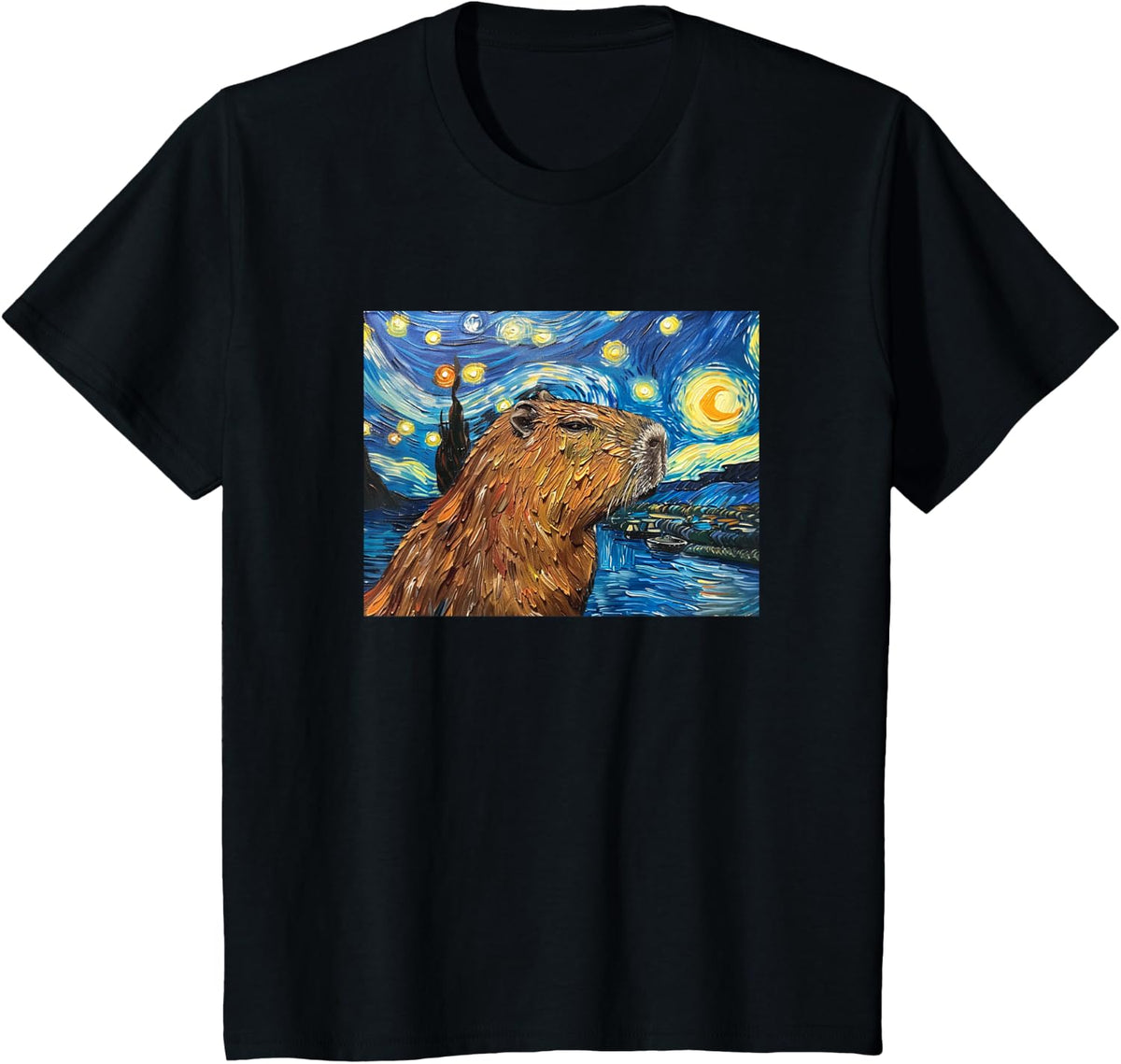 Meme Lover Starry Night Capybara T-Shirt - Black