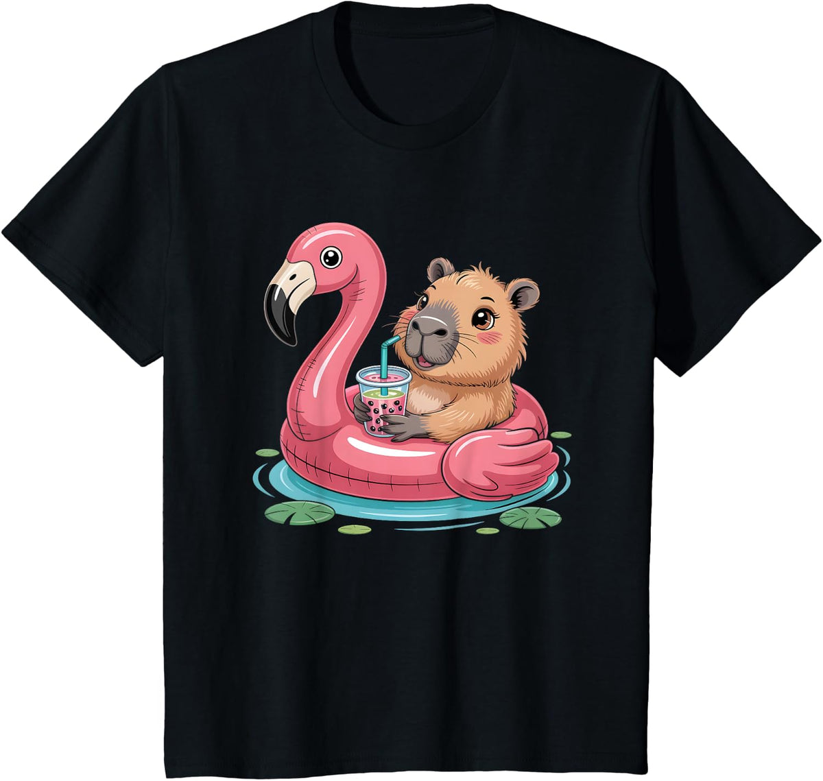 Capybara Pool Float Bubble Tea Cute Summer Swim T-Shirt - Black