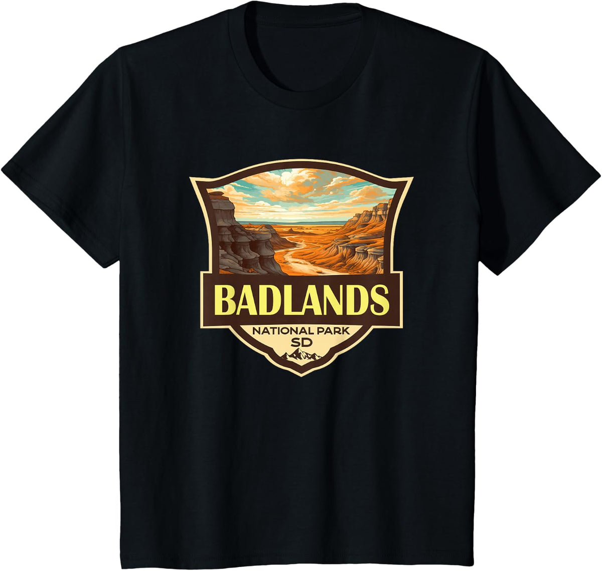 Badlands National Park Illustration Travel Retro Badge T-Shirt - Black