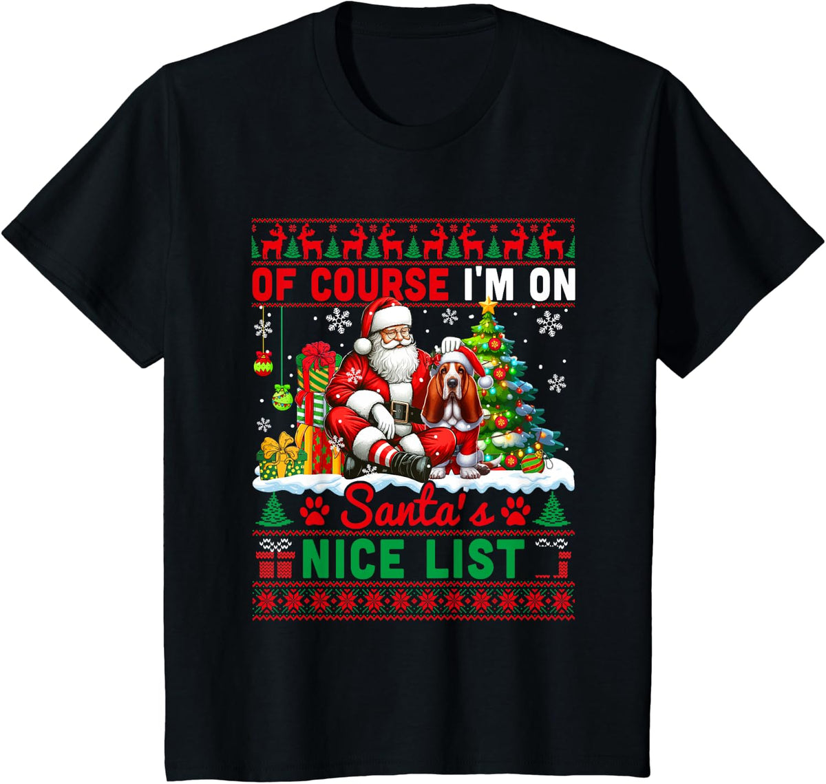 I'm On Santa's Xmas Nice List Sweater Santa Basset Hound T-Shirt - Black